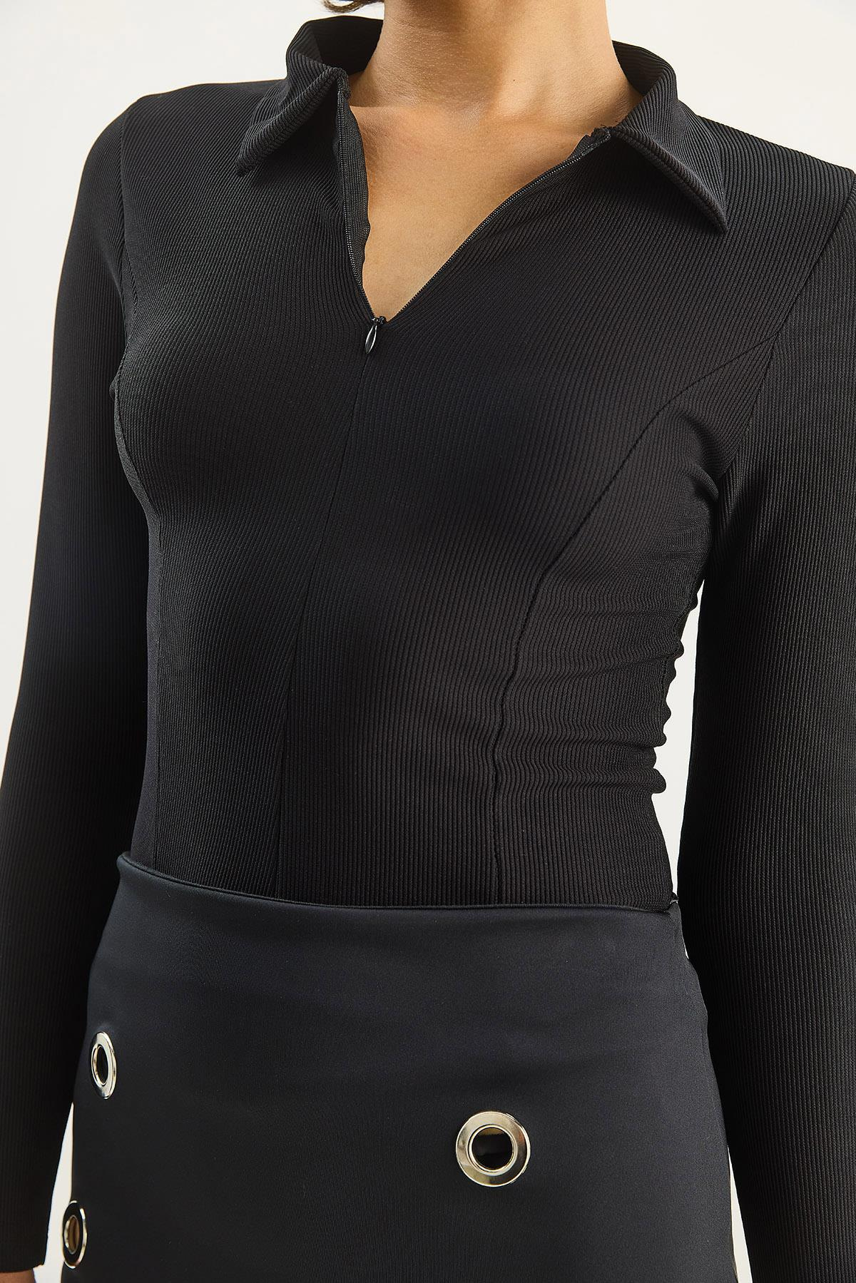 Kadın Vücudu Saran Yarım Fermuarlı Fitilli Likralı Polo Yaka Basic Bluz 8073 60283602 - Siyah BLUZ modelleri