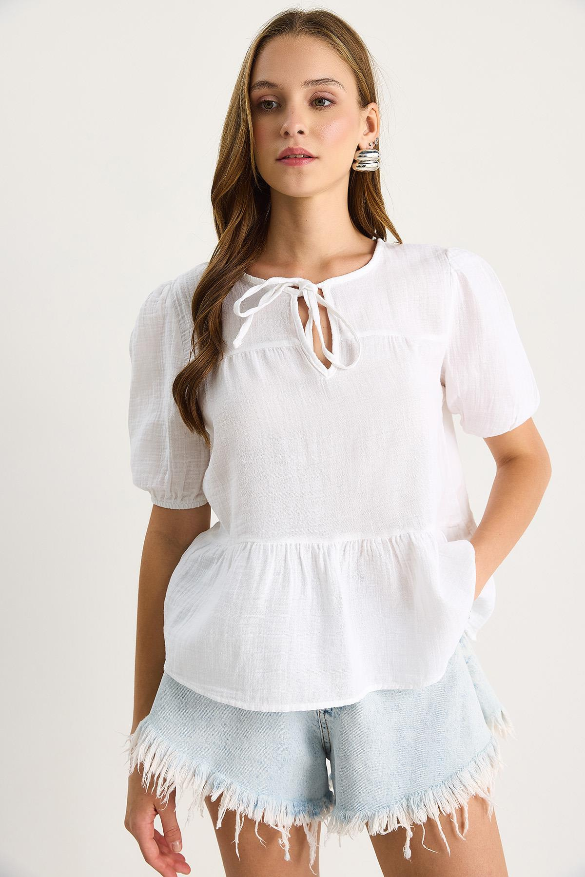 Kadın Yakası Bağlamalı Kolları Lastikli Müslin Bluz 4715 60283498 - Beyaz BLUZ modelleri