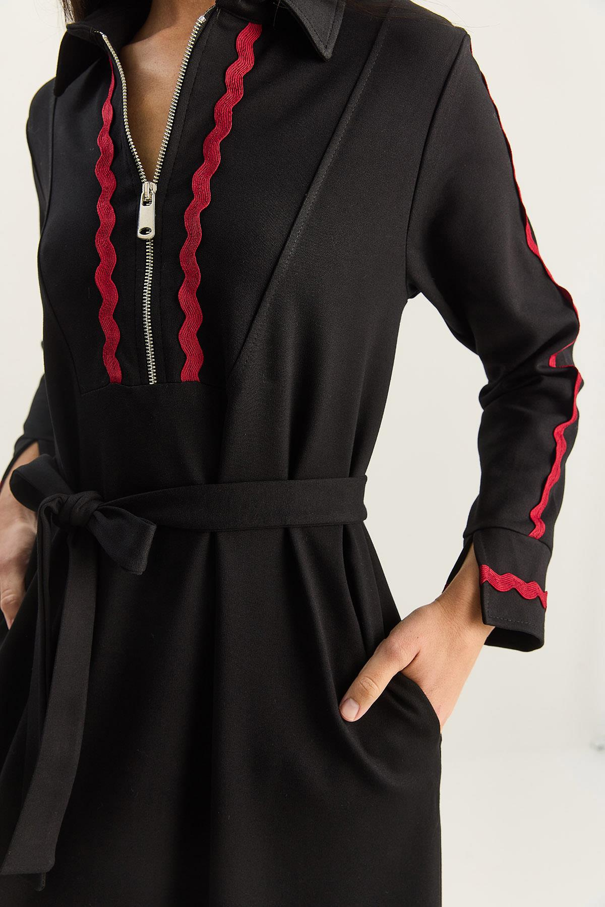 Kadın Yakası Fermuarlı Dökümlü Seyyar Kemerli Uzun Elbise 8593 60283630 - Siyah ELBİSE modelleri