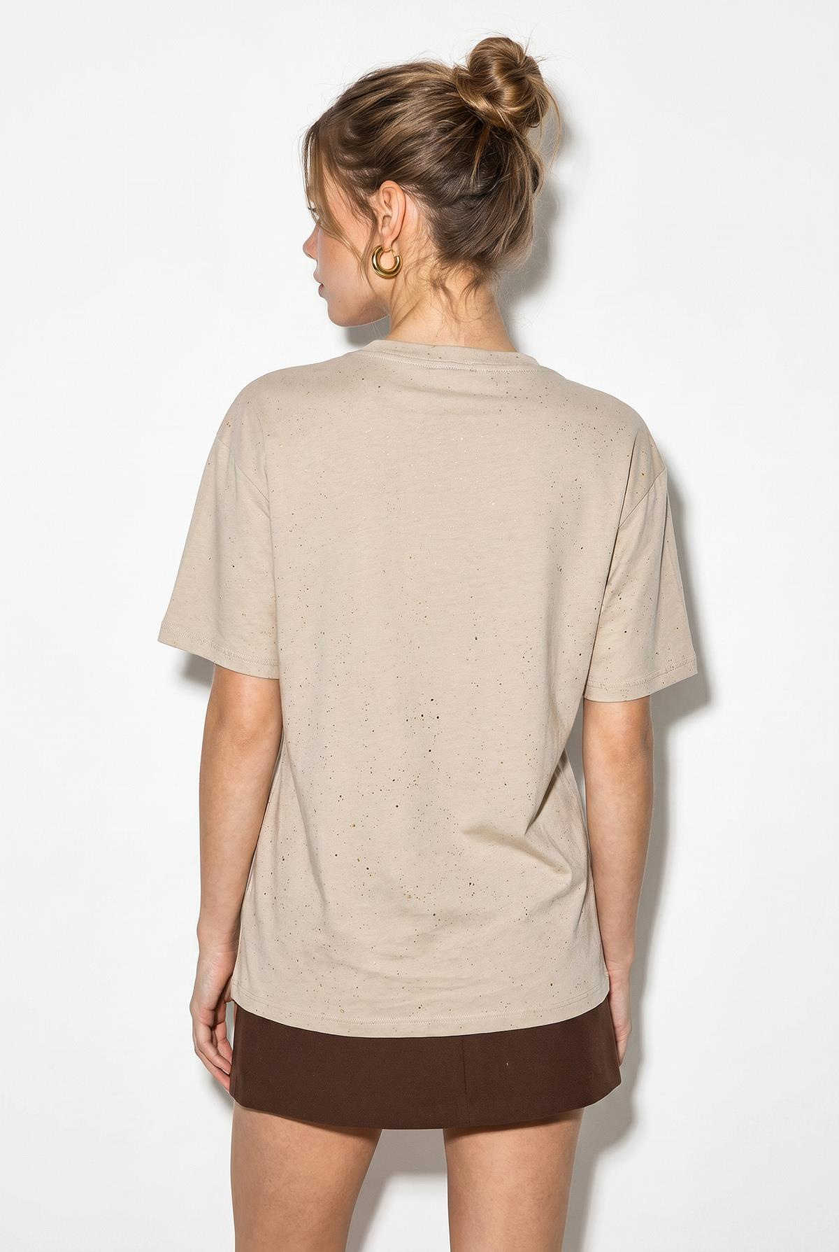 Kadın Yaldız Baskılı Zincir ve Fular Detaylı Oversize T-Shirt 2214 60286293 - Bej T-SHİRT modelleri