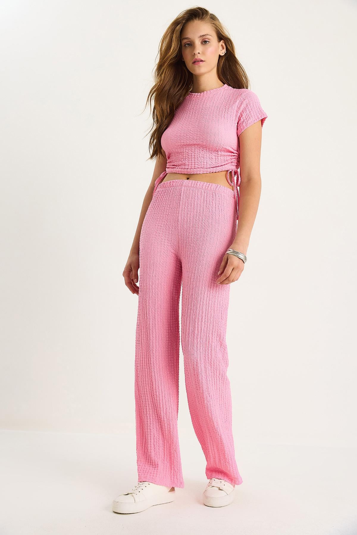 Kadın Yanları Bağlamalı Kısa Kollu Crop Gofre Alt-Üst Takım 60283481 - Şeker Pembe