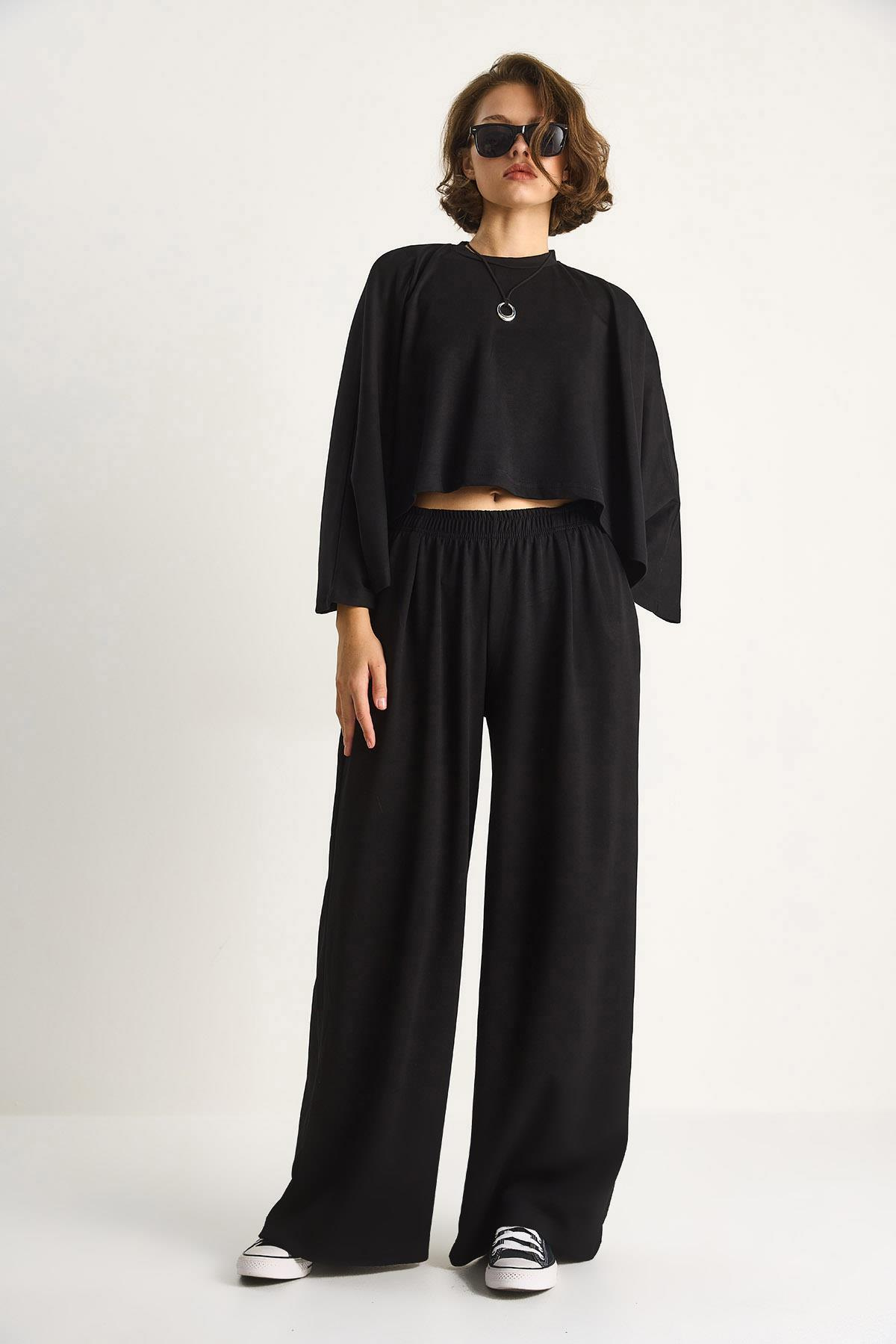 Kadın Yarasa Kol Crop Beli Lastikli Pantolon Modal Alt-Üst Takım 4025  60284068 - Siyah ALT - ÜST TAKIM modelleri