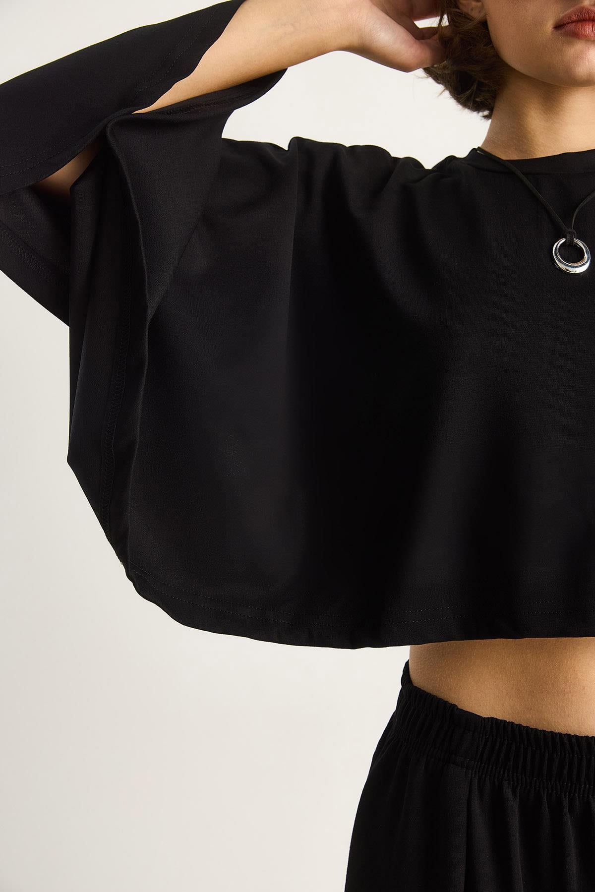 Kadın Yarasa Kol Crop Beli Lastikli Pantolon Modal Alt-Üst Takım 4025  60284068 - Siyah ALT - ÜST TAKIM modelleri