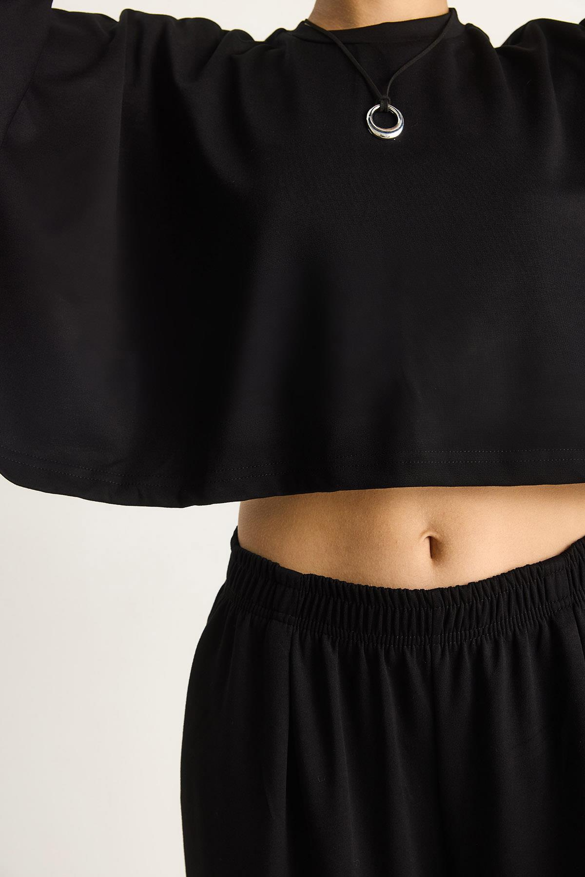 Kadın Yarasa Kol Crop Beli Lastikli Pantolon Modal Alt-Üst Takım 4025  60284068 - Siyah ALT - ÜST TAKIM modelleri