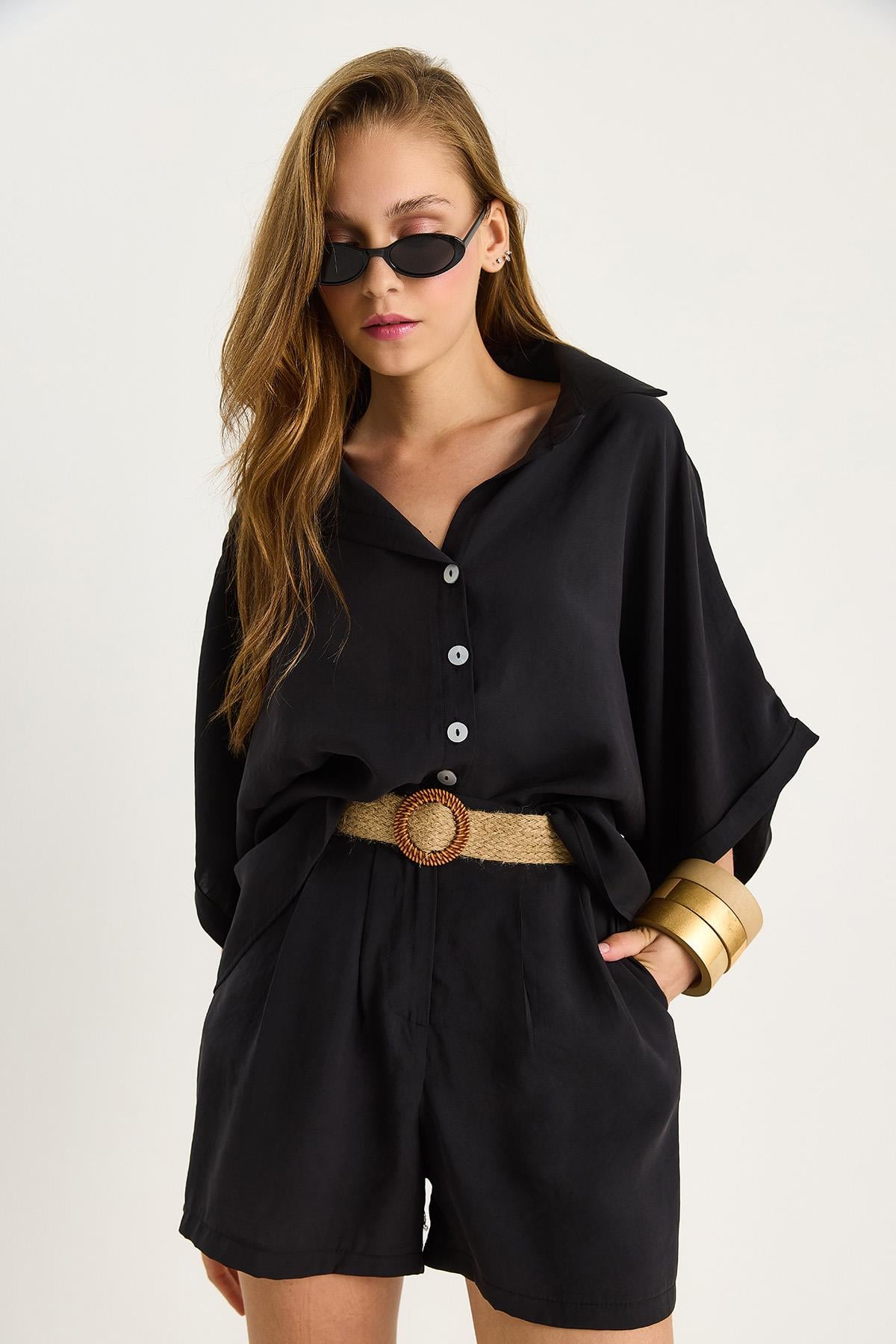 Kadın Yarasa Kol Oversize Gömlek Hasır Kemerli Şort Modal Takım 4010 60283476 - Siyah