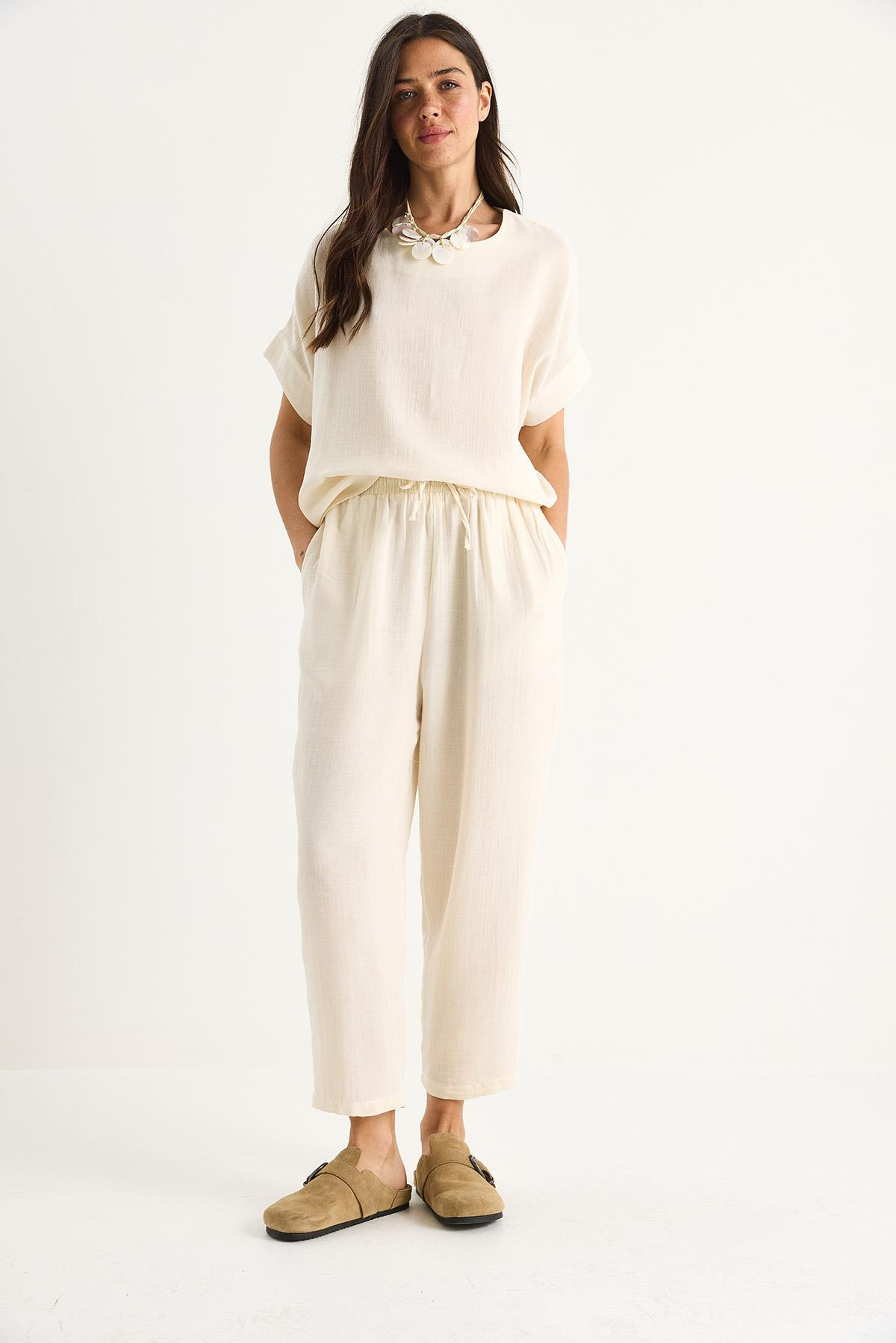 Kadın Yarım Kollu Bluz Rahat Pantolonlu Müslin Alt-Üst Takım 9360 60281073 - Bej
