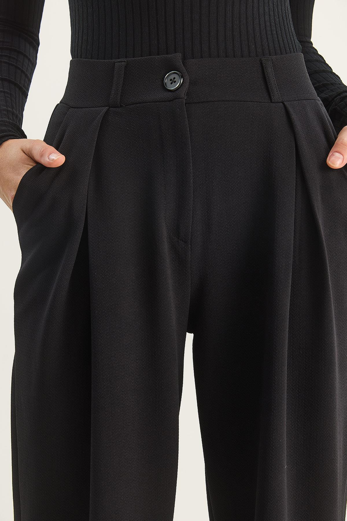 Kadın Yüksek Bel Dökümlü Cep Detaylı Piliseli Pantolon 1012 60283578 - Siyah PANTOLON modelleri