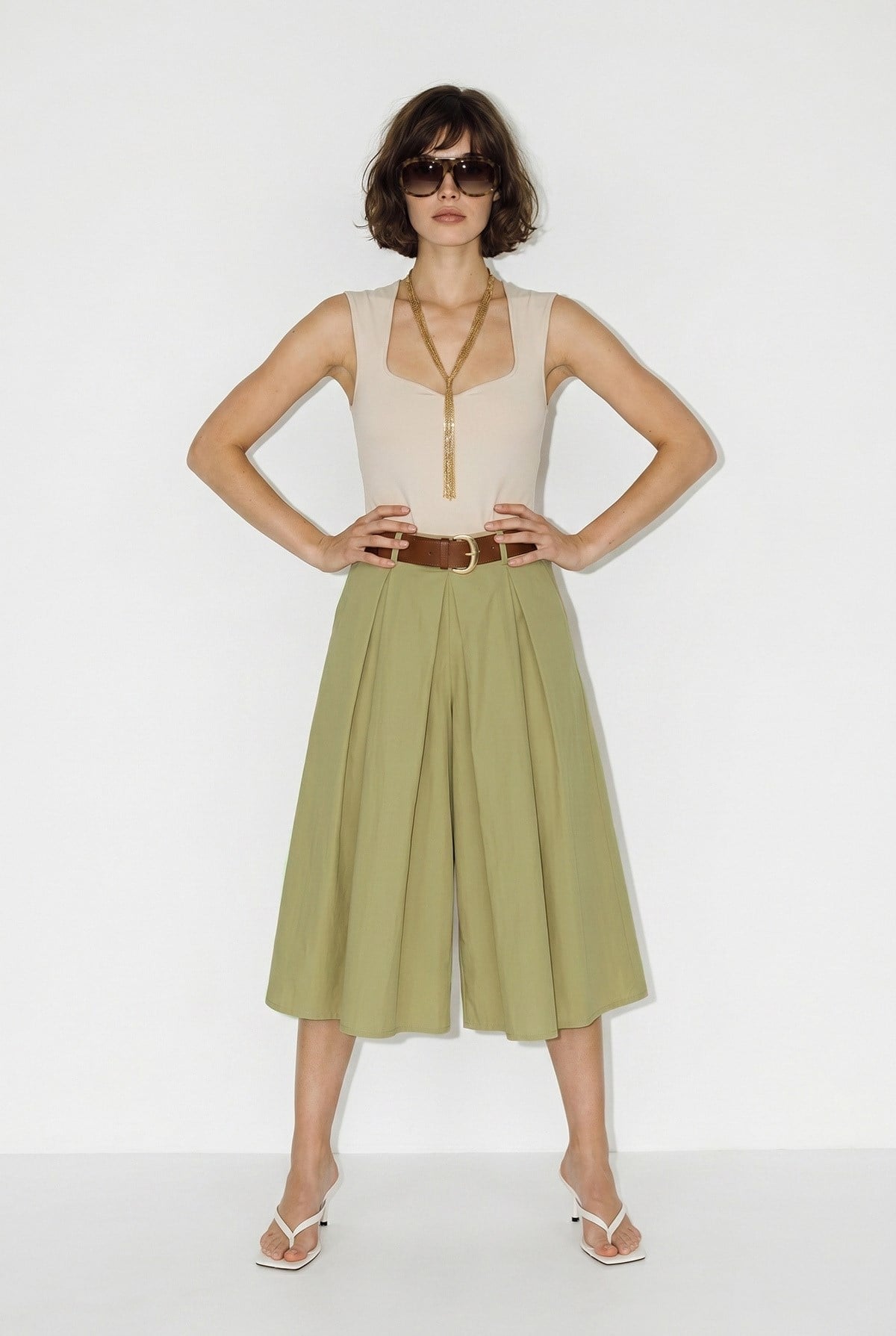 Kadın Yüksek Bel Pile Detaylı Geniş Paça Culotte Pantolon DP261038 60286319 - Haki PANTOLON modelleri