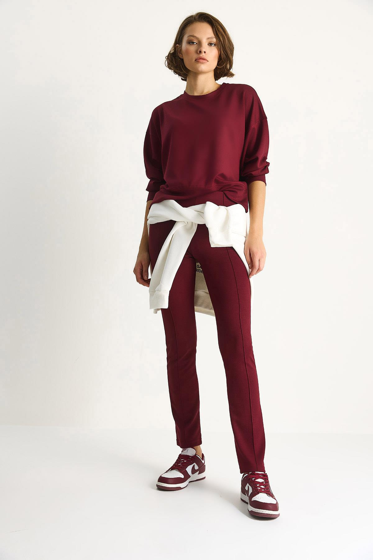 Kadın Yumuşak Dokulu Bisiklet Yaka Oversize Sweat Pantolon Viskon Dalgıç Takım 6819 60283531 - Bordo ALT - ÜST TAKIM modelleri