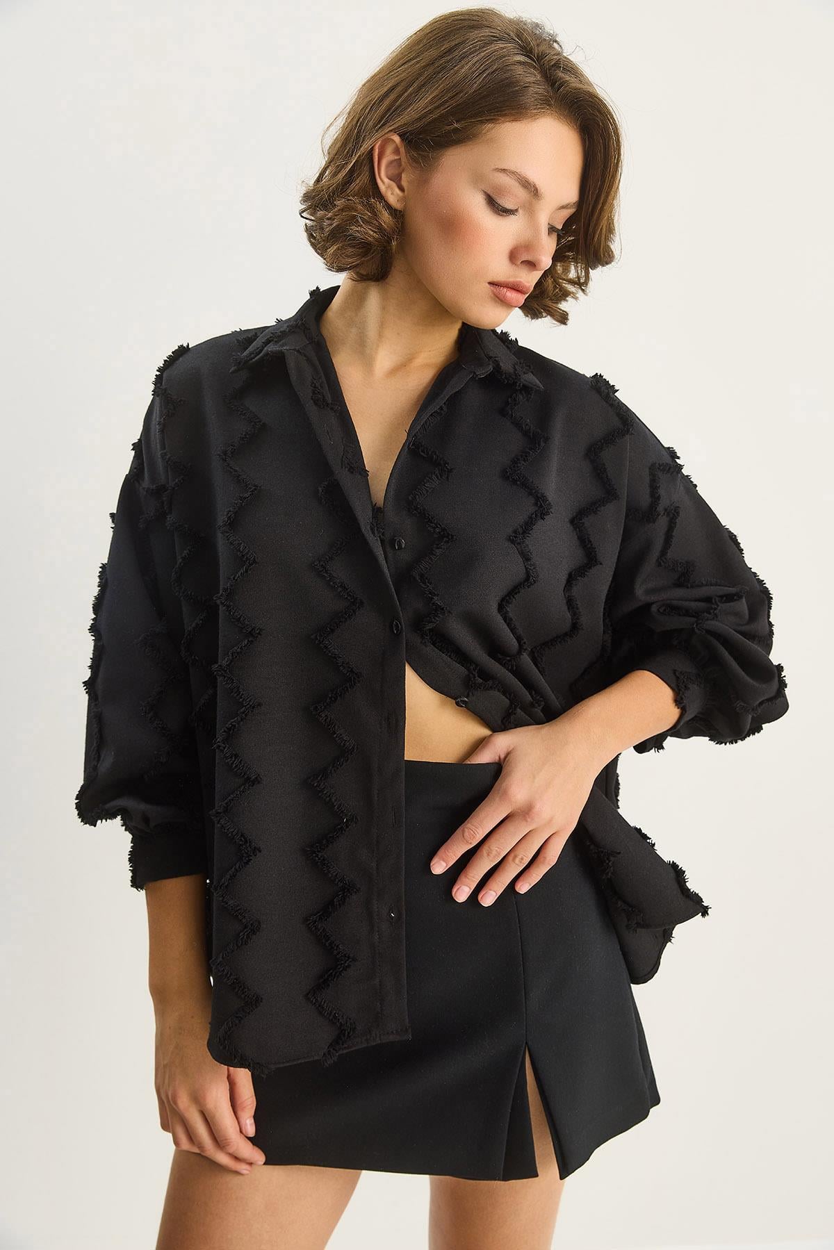 Kadın Zikzak Püsküllü Oversize Gömlek 2147 60283638 - Siyah GÖMLEK modelleri