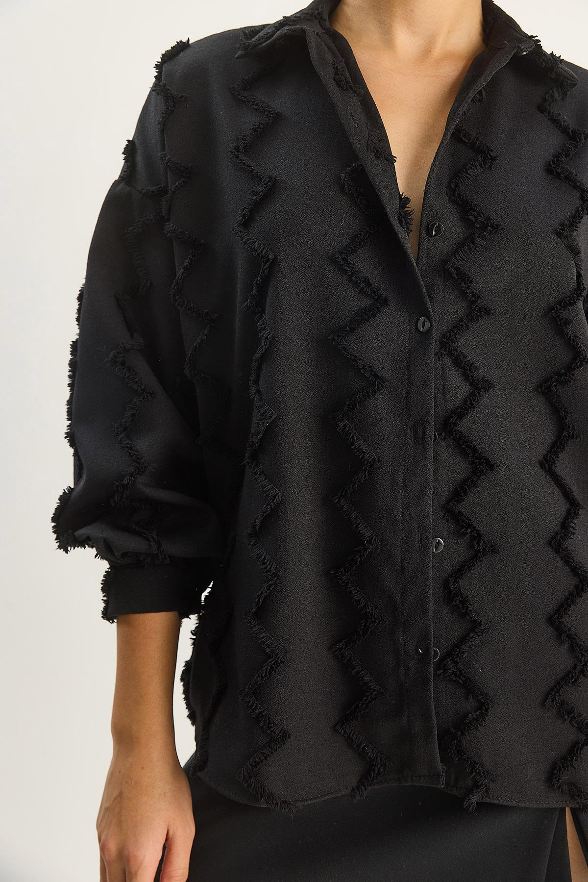 Kadın Zikzak Püsküllü Oversize Gömlek 2147 60283638 - Siyah GÖMLEK modelleri