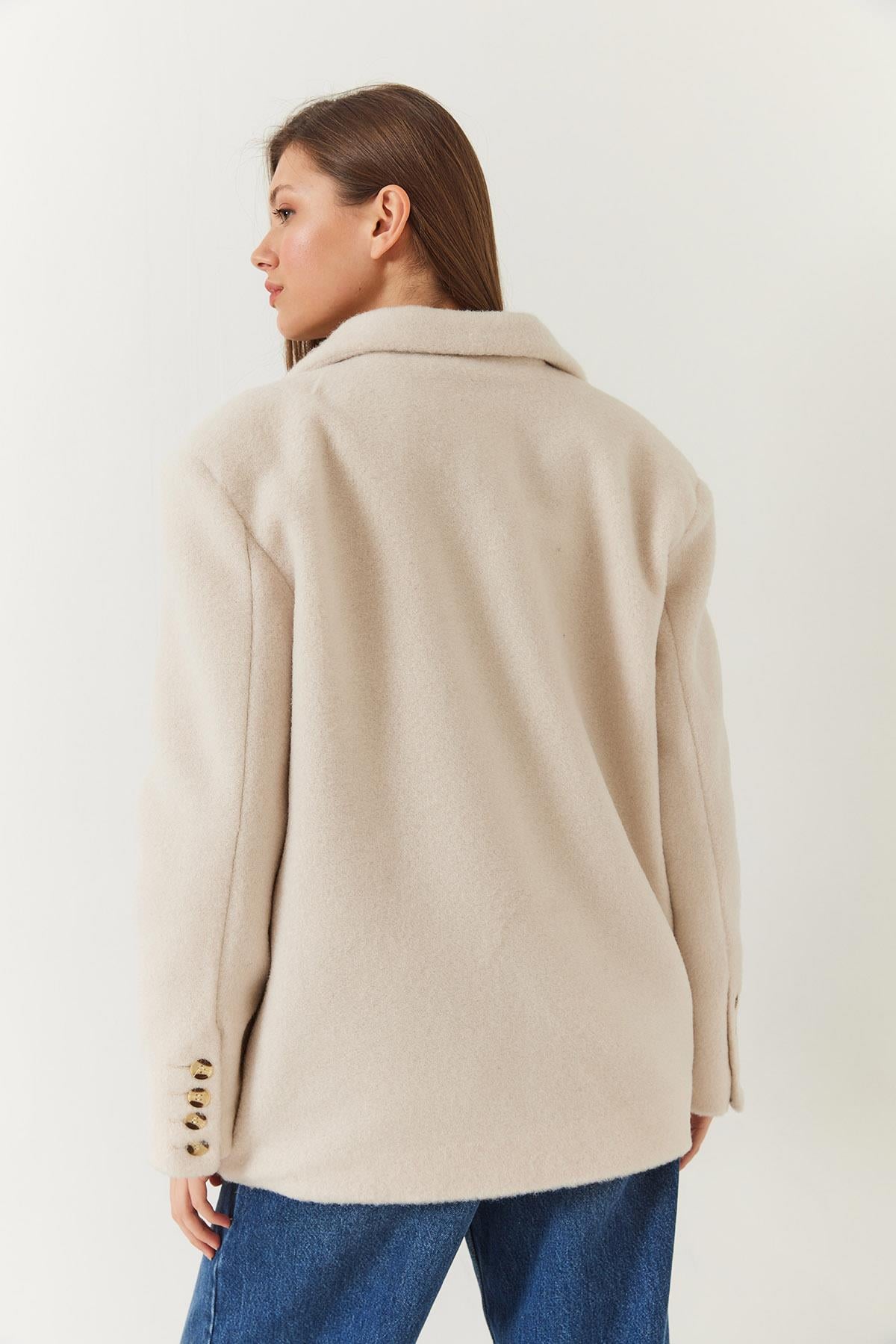 Kalın Kaşe Blazer Ceket Kısa Kaban 60261366 - Krem