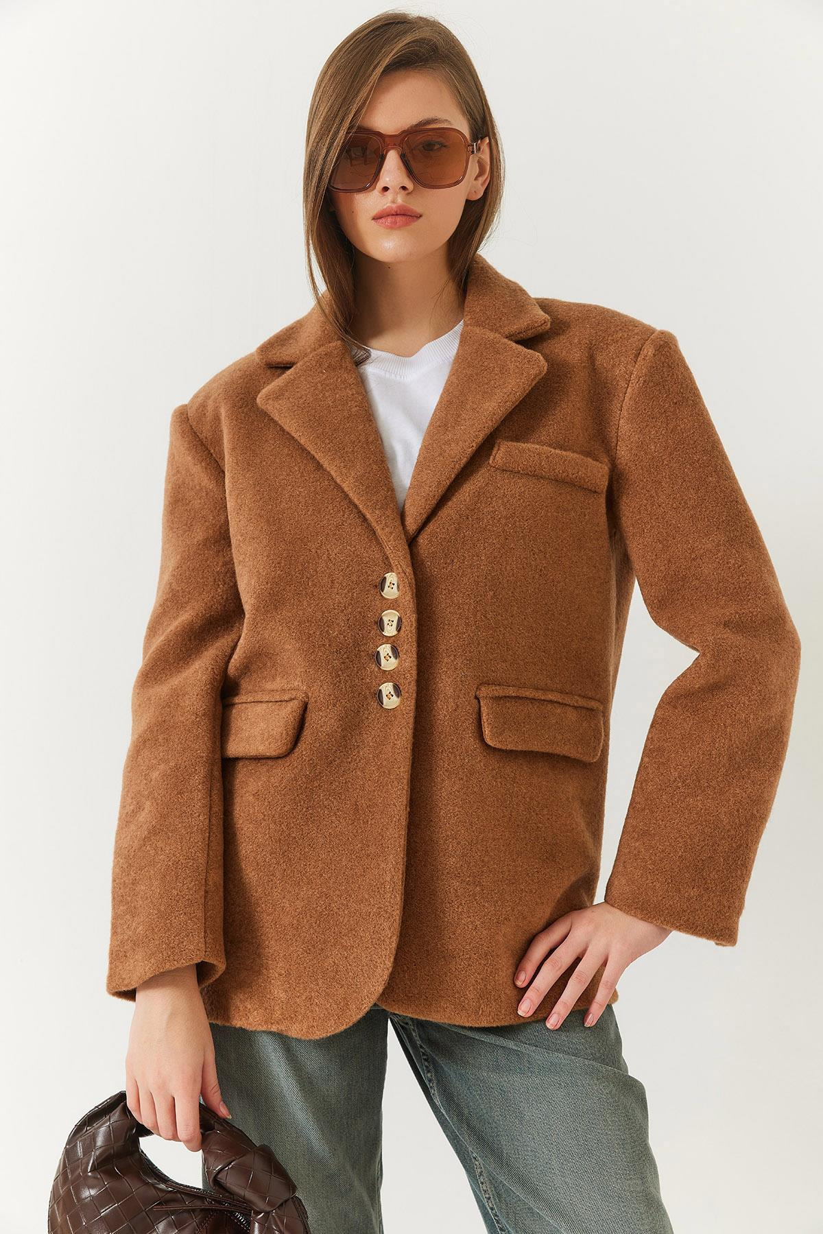 Kalın Kaşe Blazer Ceket Kısa Kaban 60261366 - Kahverengi