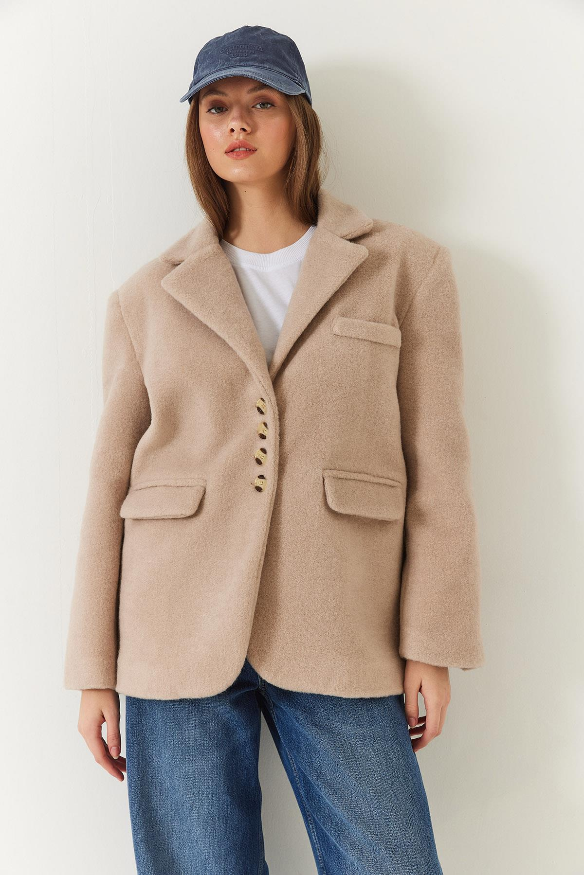 Kalın Kaşe Blazer Ceket Kısa Kaban 60261366 - Bej