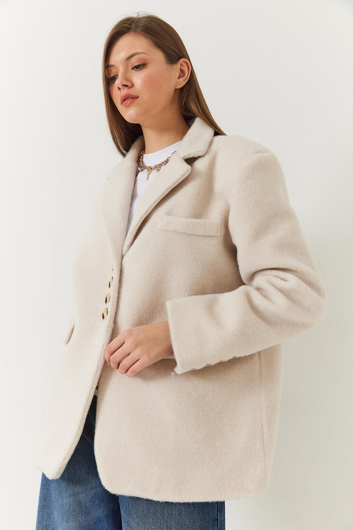 Kalın Kaşe Blazer Ceket Kısa Kaban 60261366 - Krem
