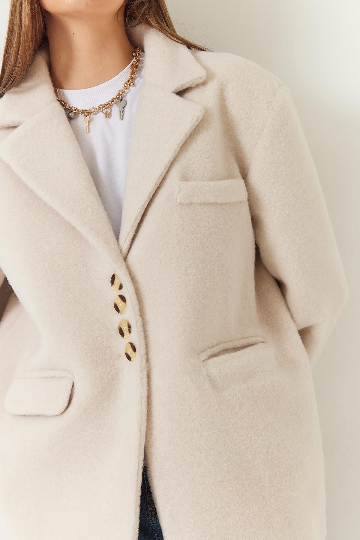 Kalın Kaşe Blazer Ceket Kısa Kaban 60261366 - Krem