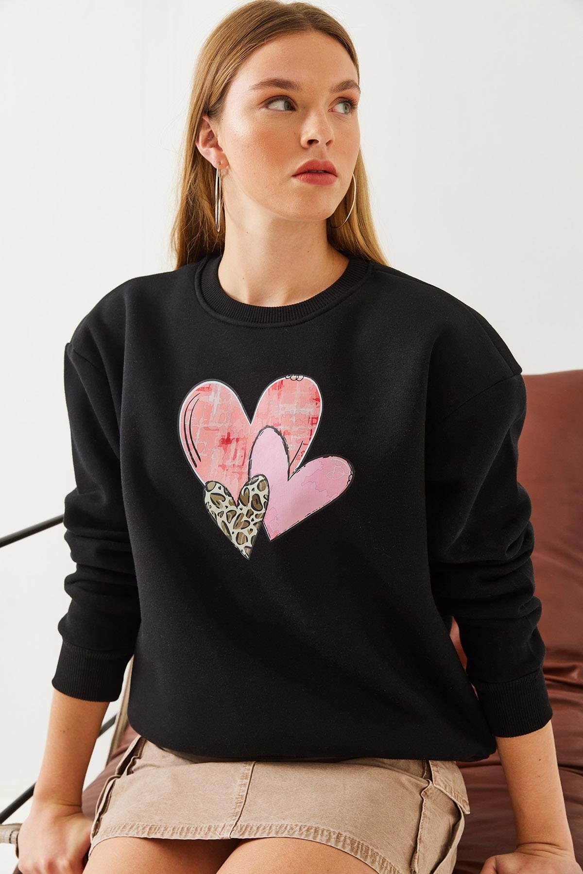 Kalp Baskılı Sweatshirt MBHS017 60601017 - Siyah