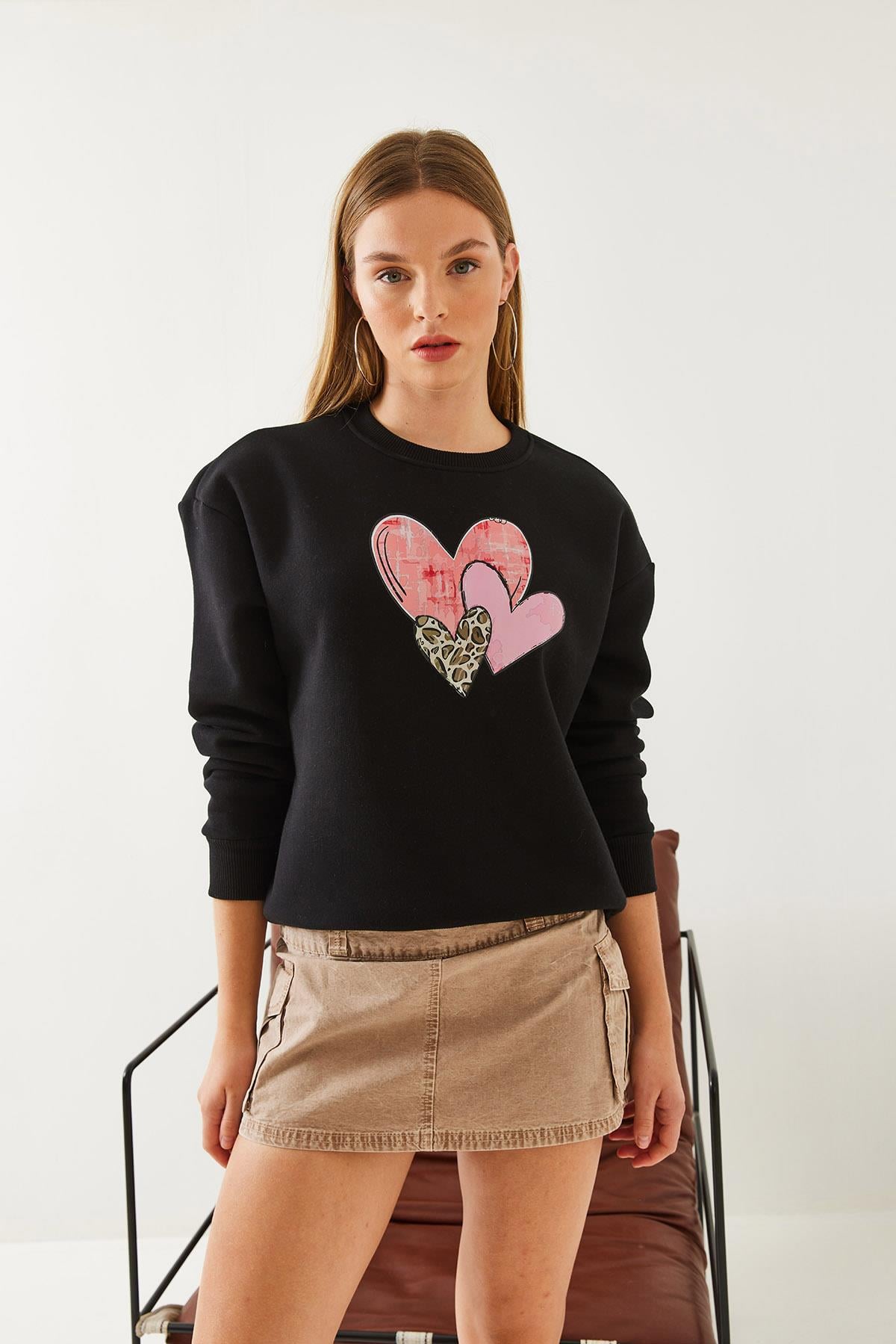 Kalp Baskılı Sweatshirt MBHS017 60601017 - Siyah