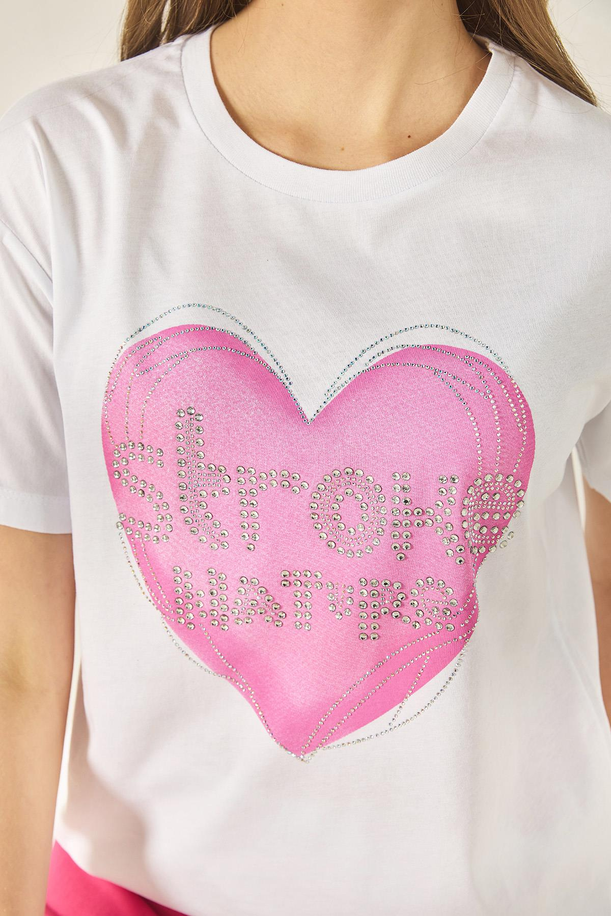 Kalp Baskılı Taş Detaylı Normal Kalıp Pamuklu T-Shirt 8133 60283303 - Beyaz