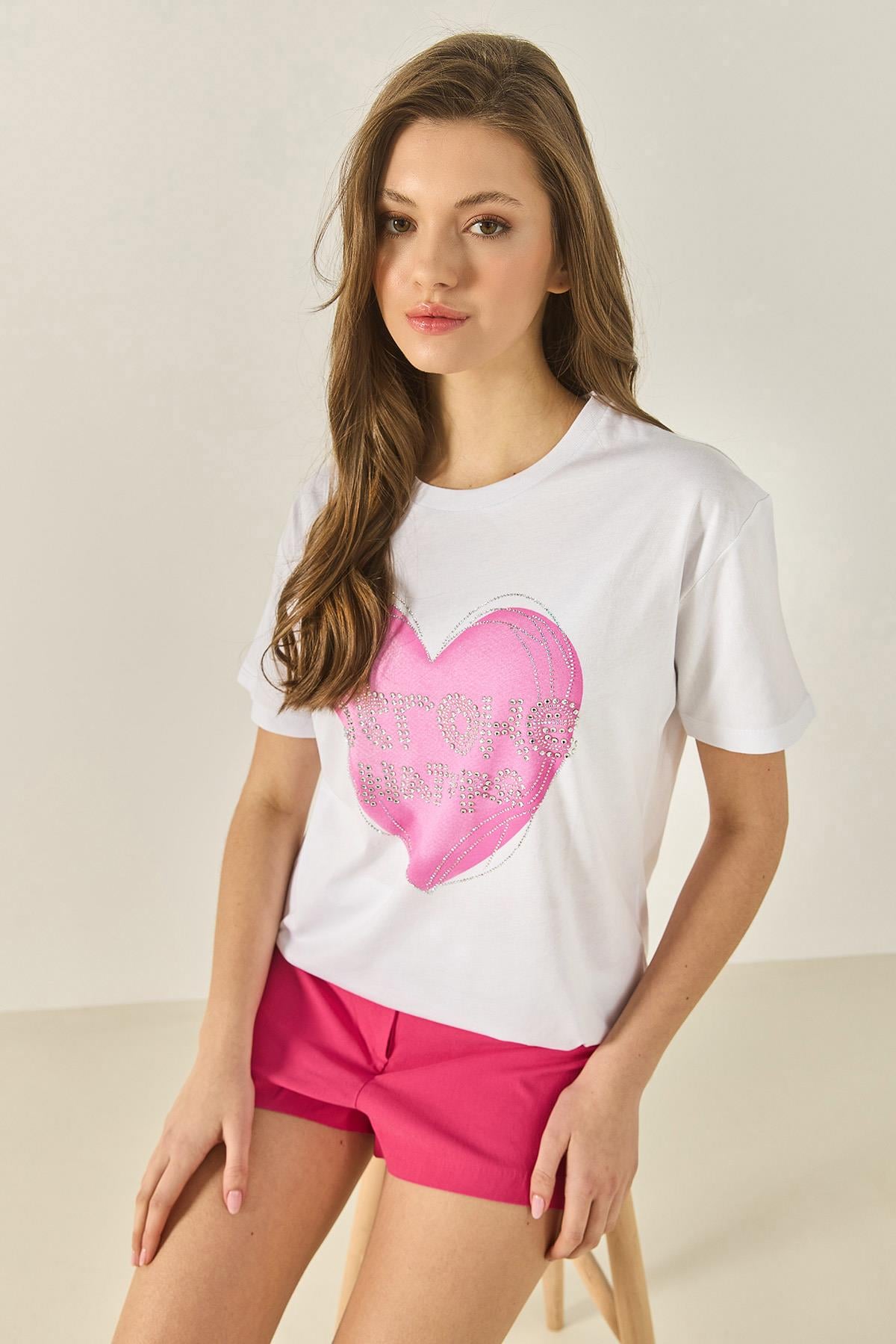 Kalp Baskılı Taş Detaylı Normal Kalıp Pamuklu T-Shirt 8133 60283303 - Beyaz