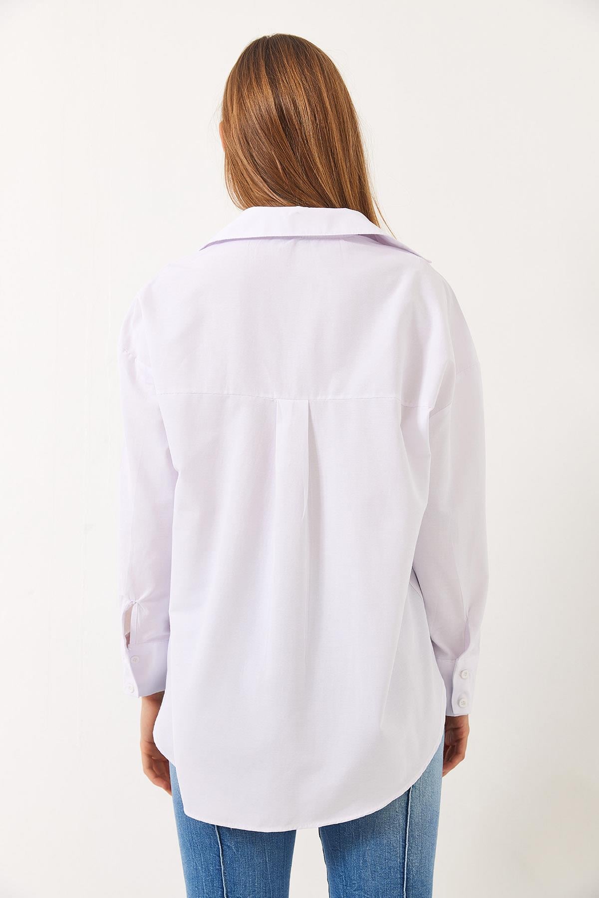 Kalp Nakışlı Düşük Omuz Oversize Poplin Gömlek 60456 60271081 - Beyaz