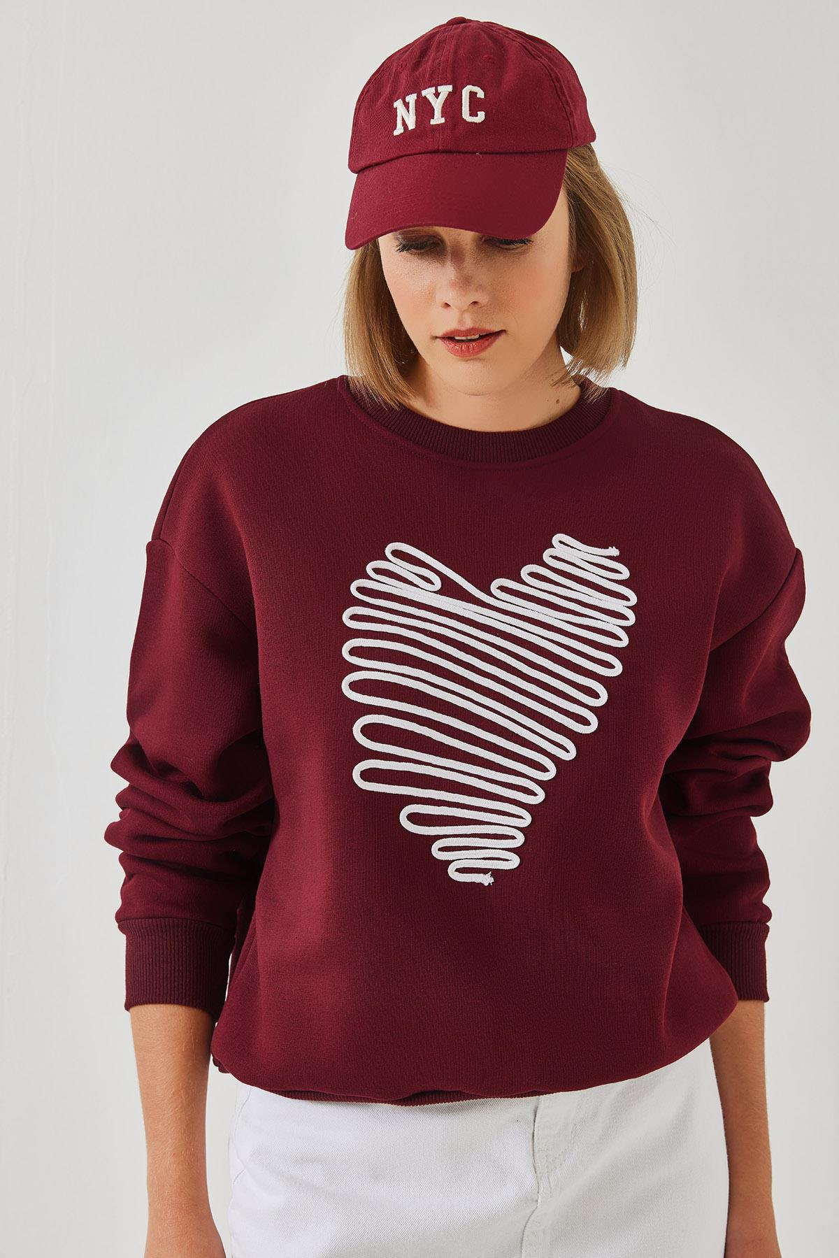 Kalp Nakışlı Sweatshirt 60601030 - Bordo