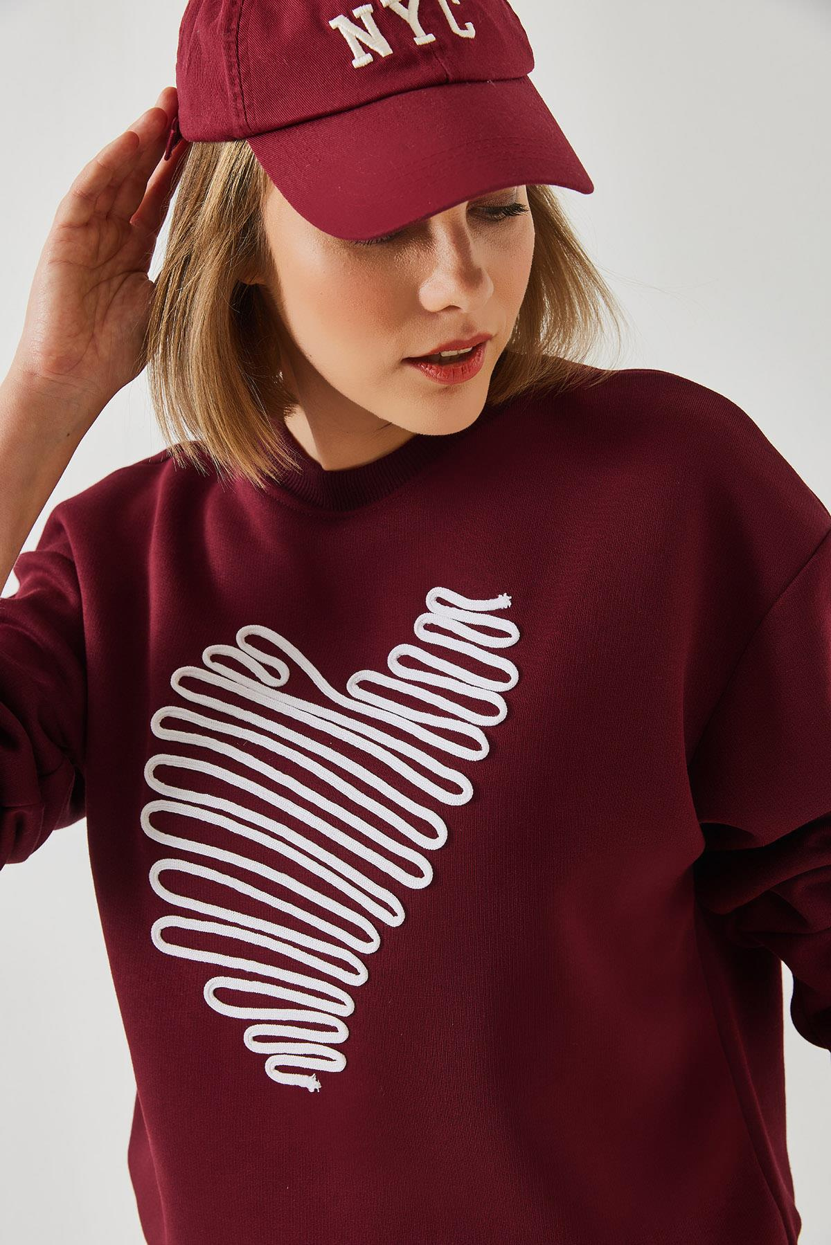 Kalp Nakışlı Sweatshirt 60601030 - Bordo