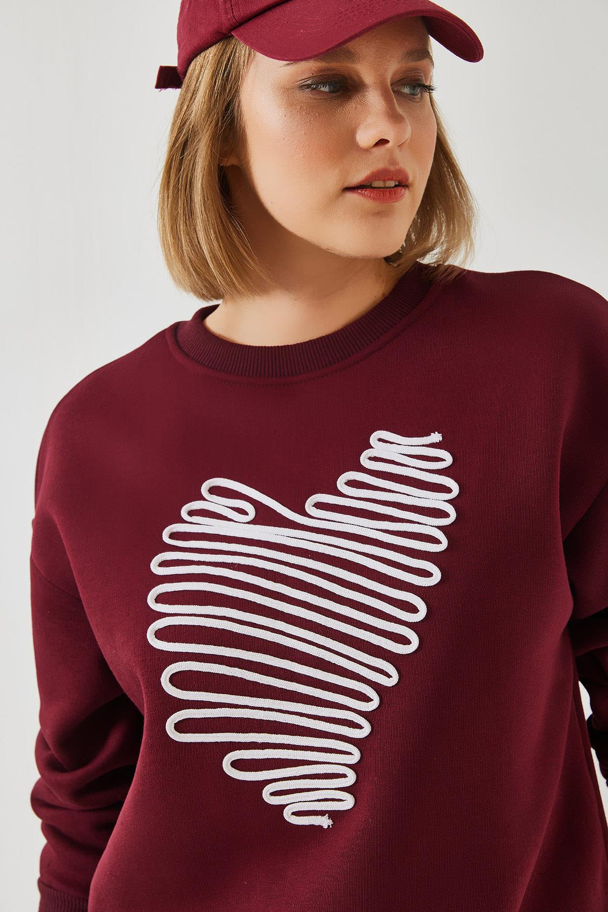 Kalp Nakışlı Sweatshirt 60601030 - Bordo