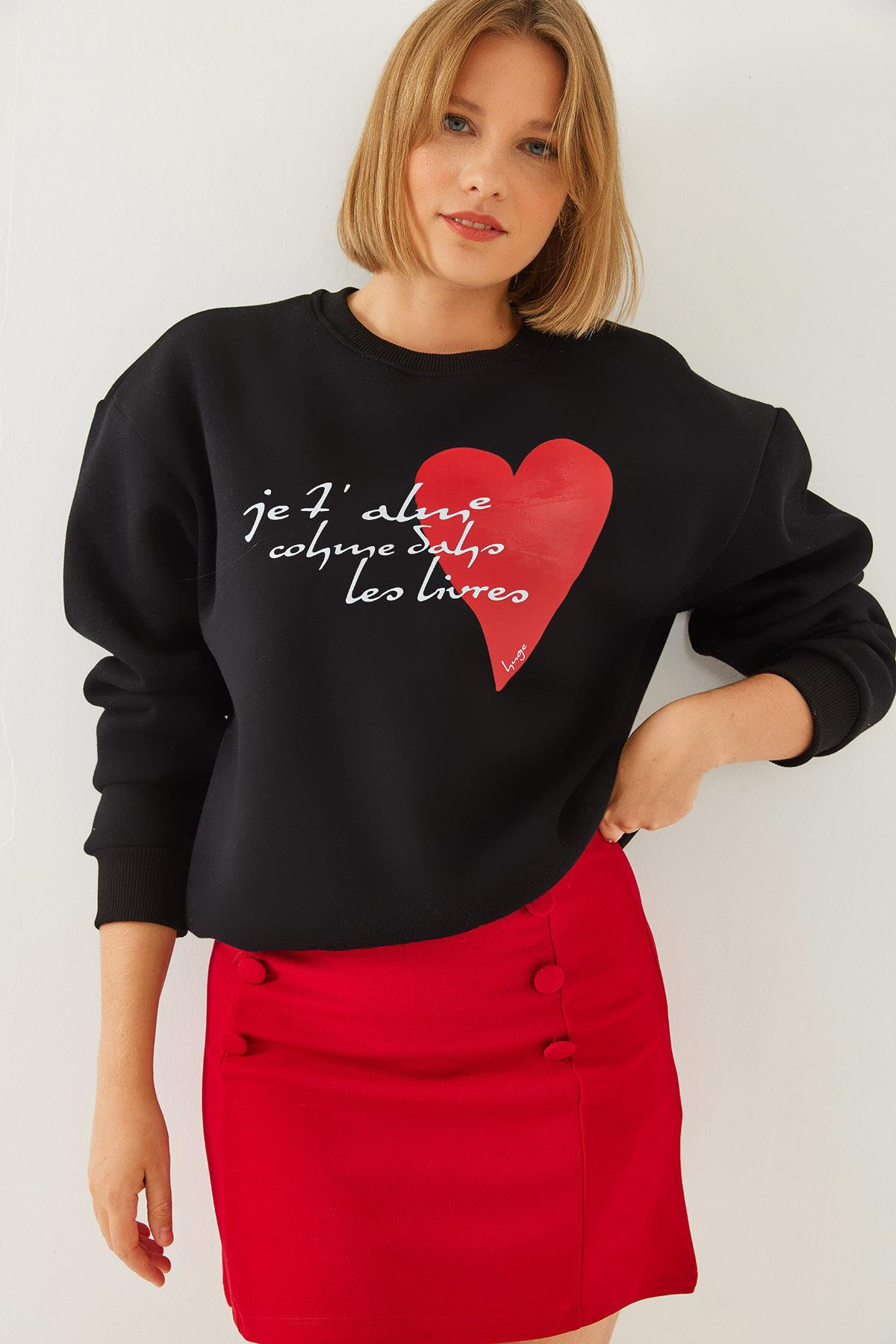 Kalp ve Yazı Baskılı Sweatshirt MBHS023 60601023 - Siyah