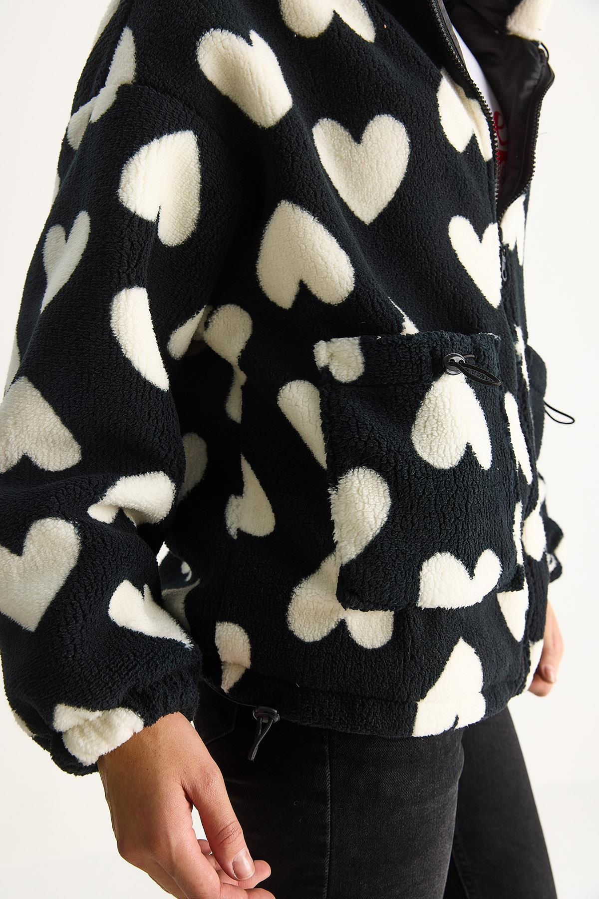Kalpli Kapüşonlu Oversize Peluş Mont RI00001 60283537 - Siyah-Ekru DIŞ GİYİM modelleri