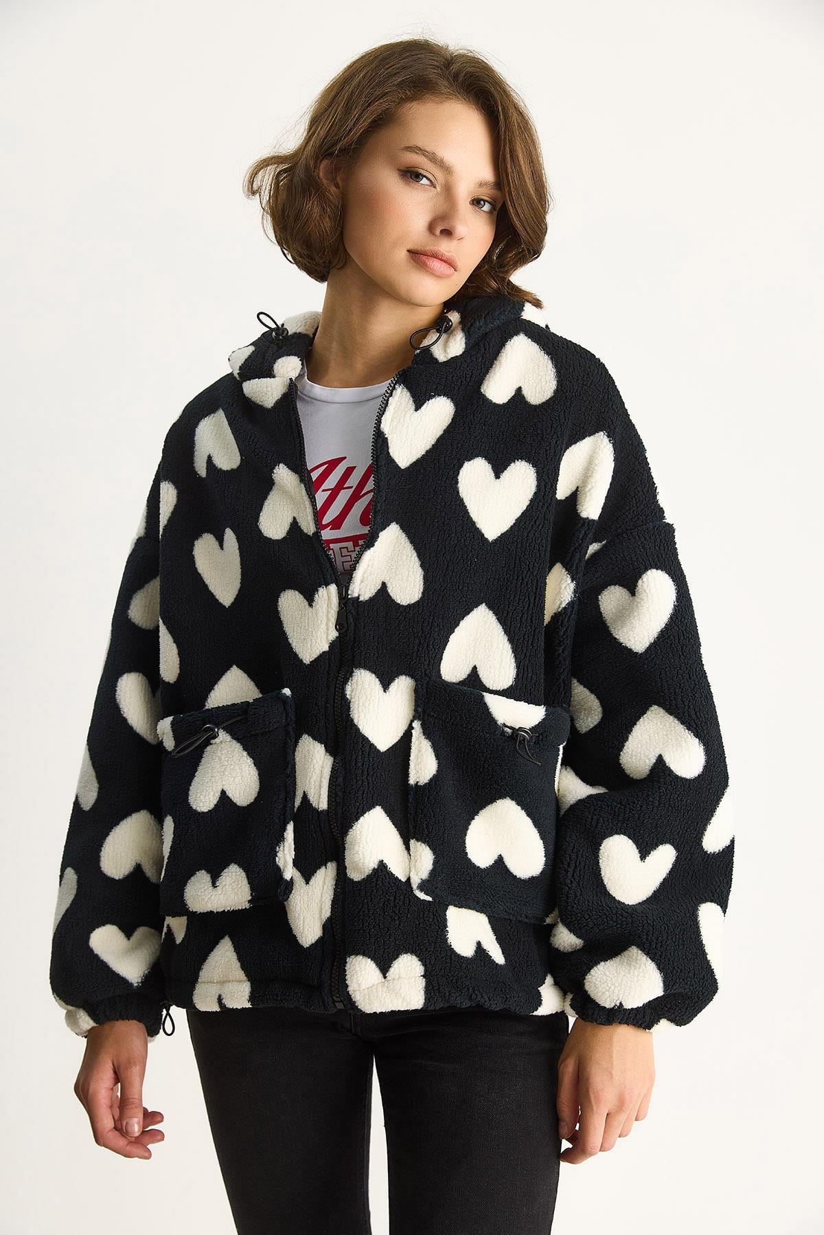 Kalpli Kapüşonlu Oversize Peluş Mont RI00001 60283537 - Siyah-Ekru DIŞ GİYİM modelleri