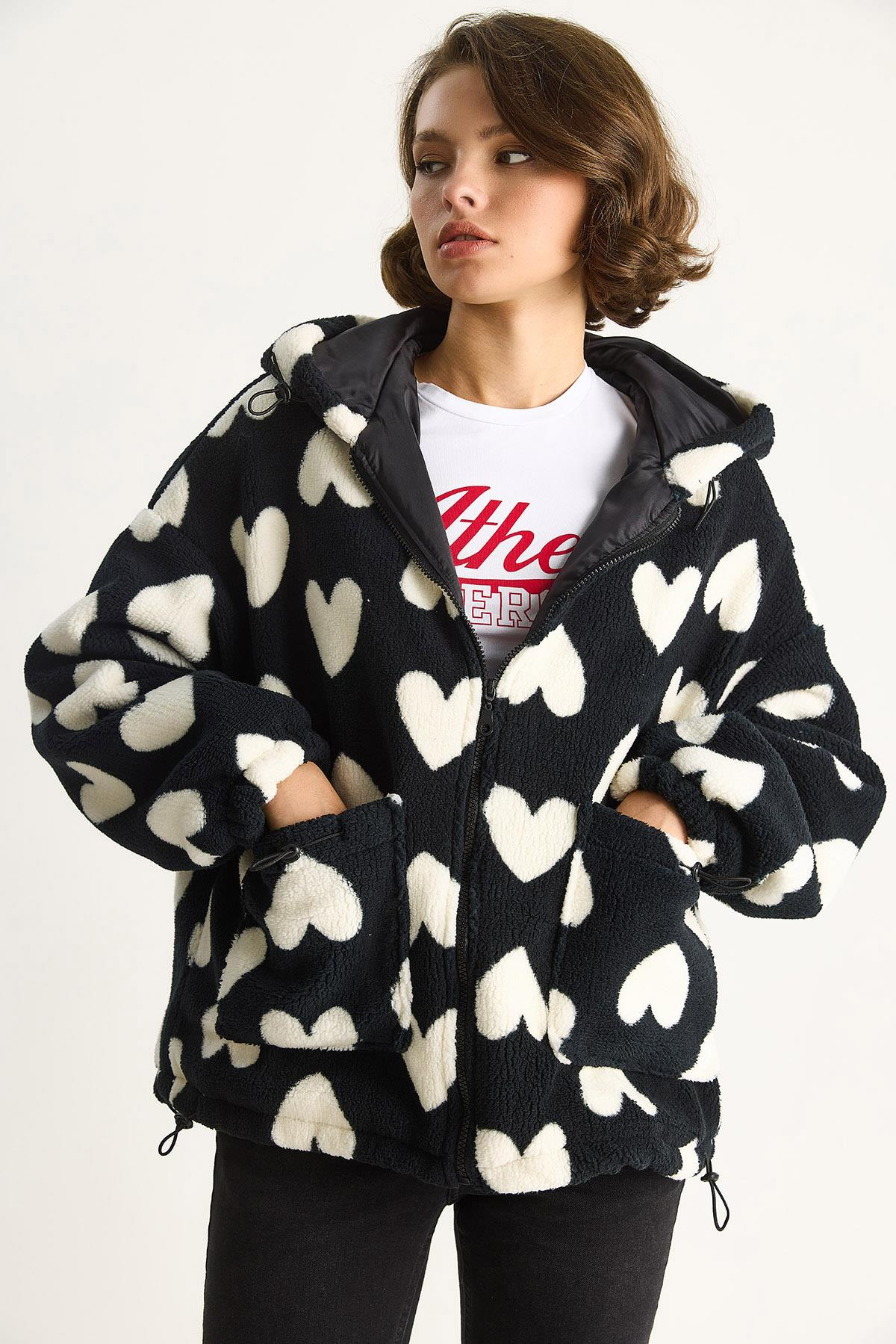Kalpli Kapüşonlu Oversize Peluş Mont RI00001 60283537 - Siyah-Ekru DIŞ GİYİM modelleri