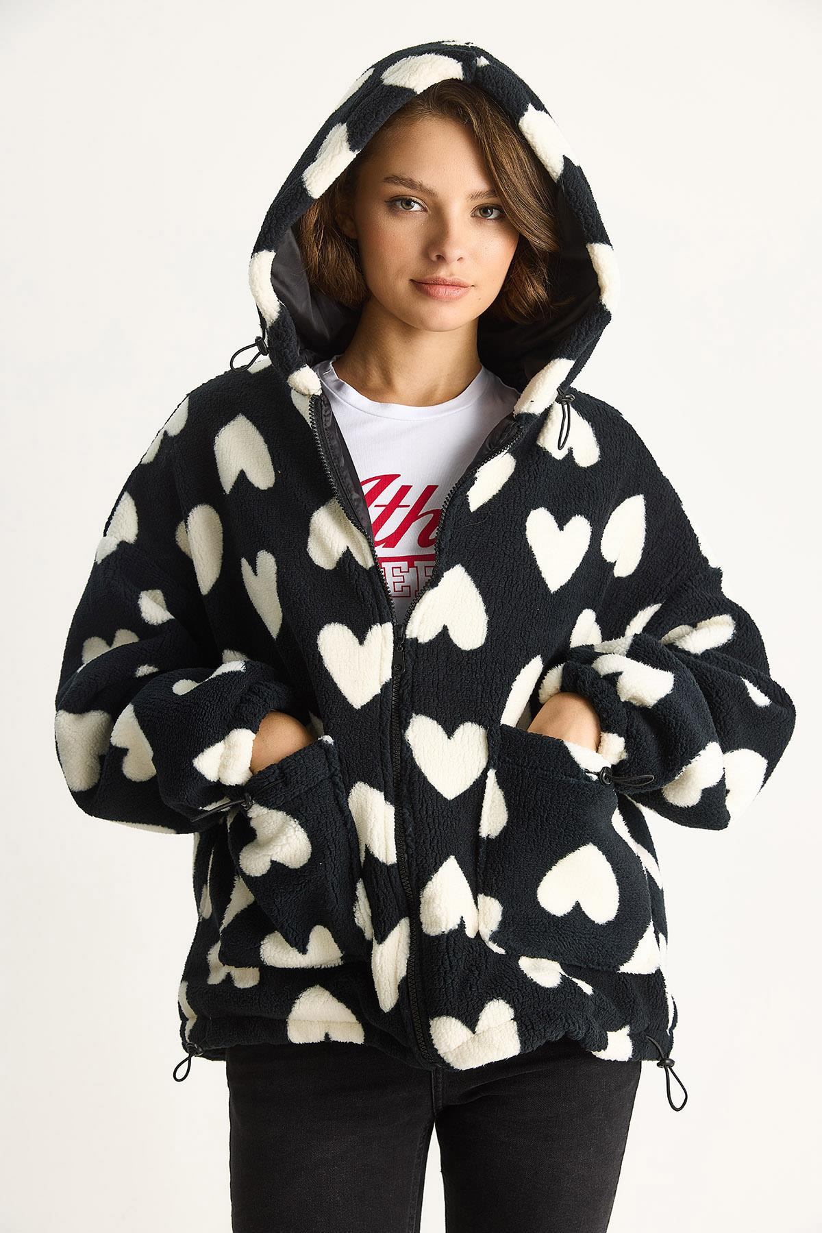 Kalpli Kapüşonlu Oversize Peluş Mont RI00001 60283537 - Siyah-Ekru DIŞ GİYİM modelleri