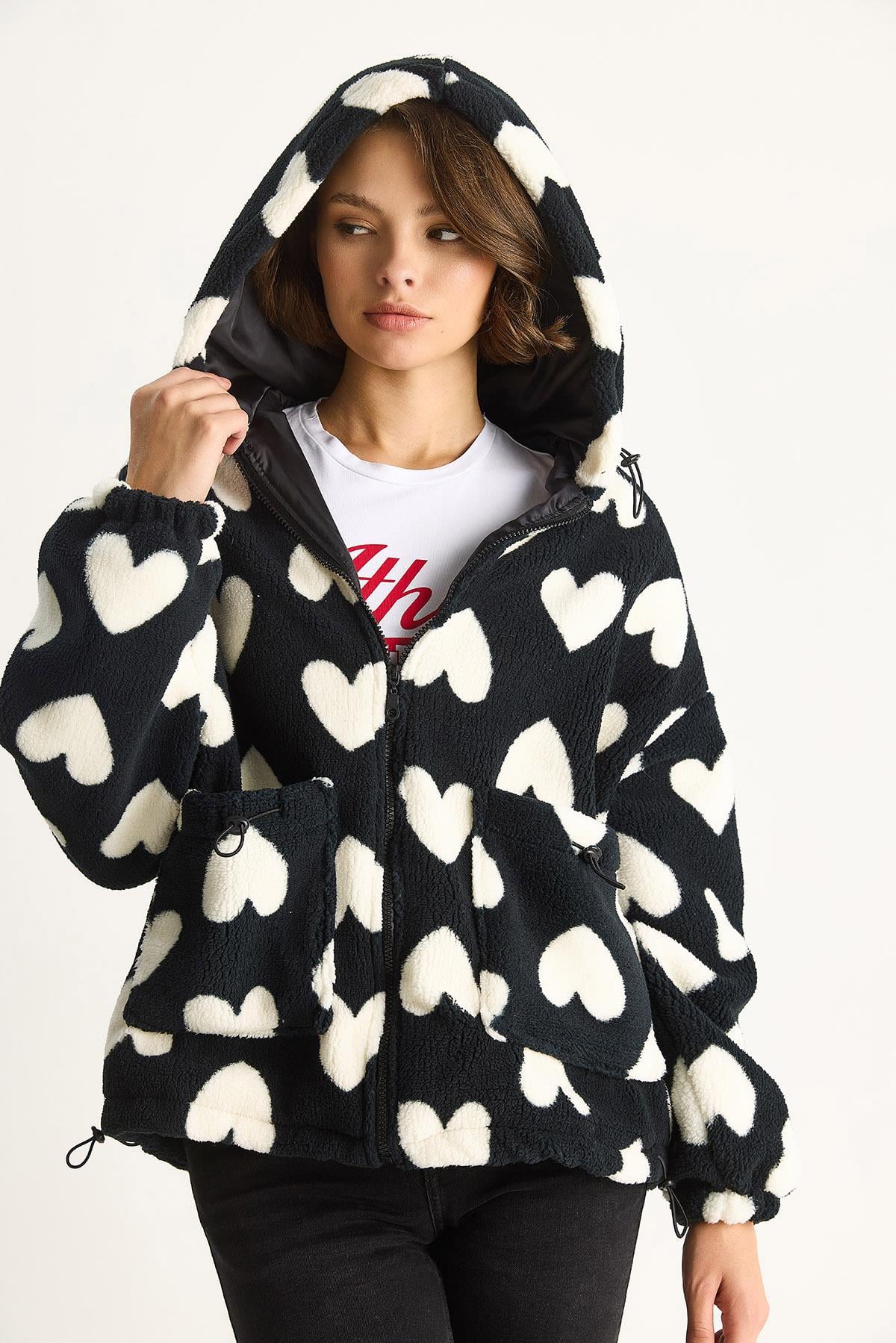 Kalpli Kapüşonlu Oversize Peluş Mont RI00001 60283537 - Siyah-Ekru DIŞ GİYİM modelleri