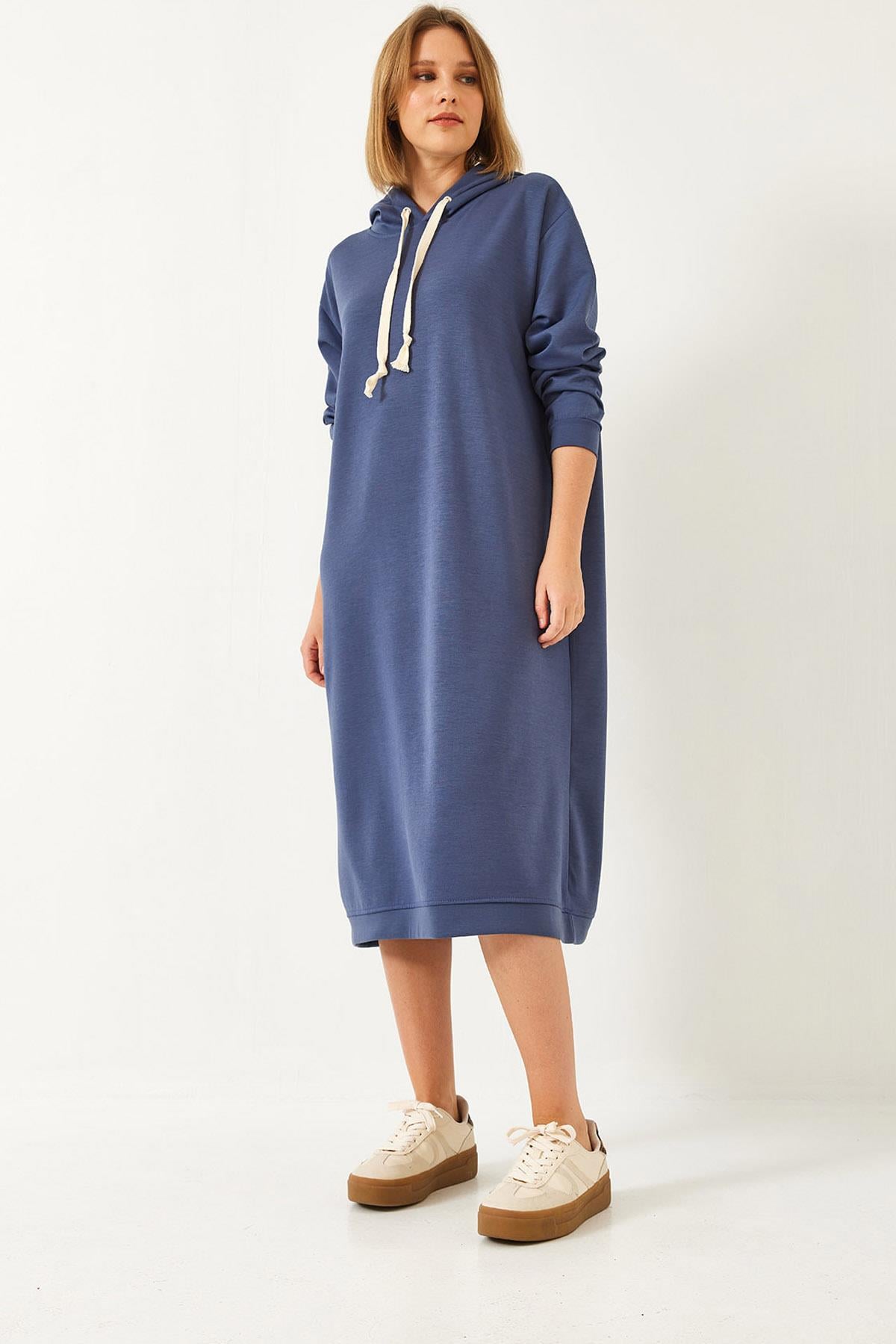 Kapişonlu Basic Uzun Sweat Elbise 8074 60351328 - Mavi ELBİSE modelleri