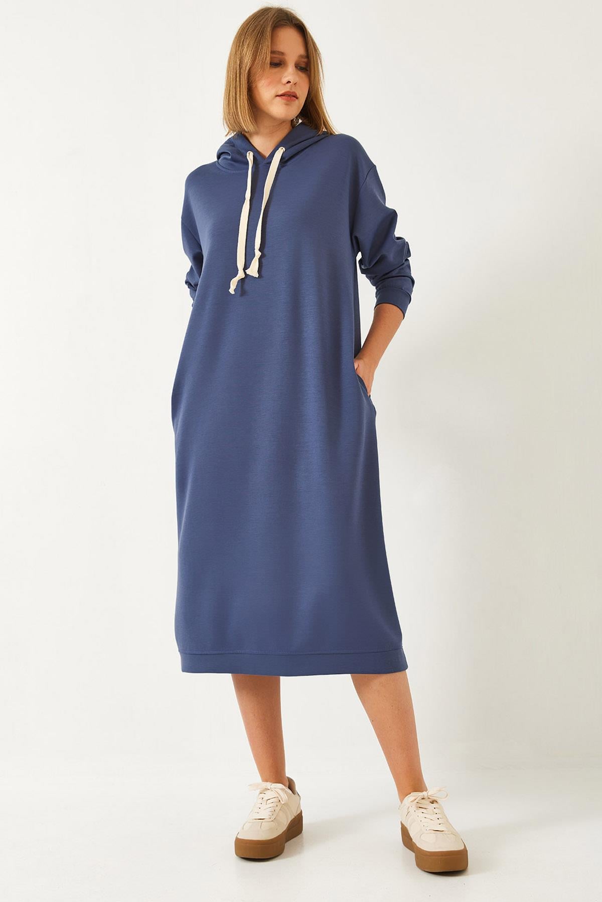 Kapişonlu Basic Uzun Sweat Elbise 8074 60351328 - Mavi ELBİSE modelleri