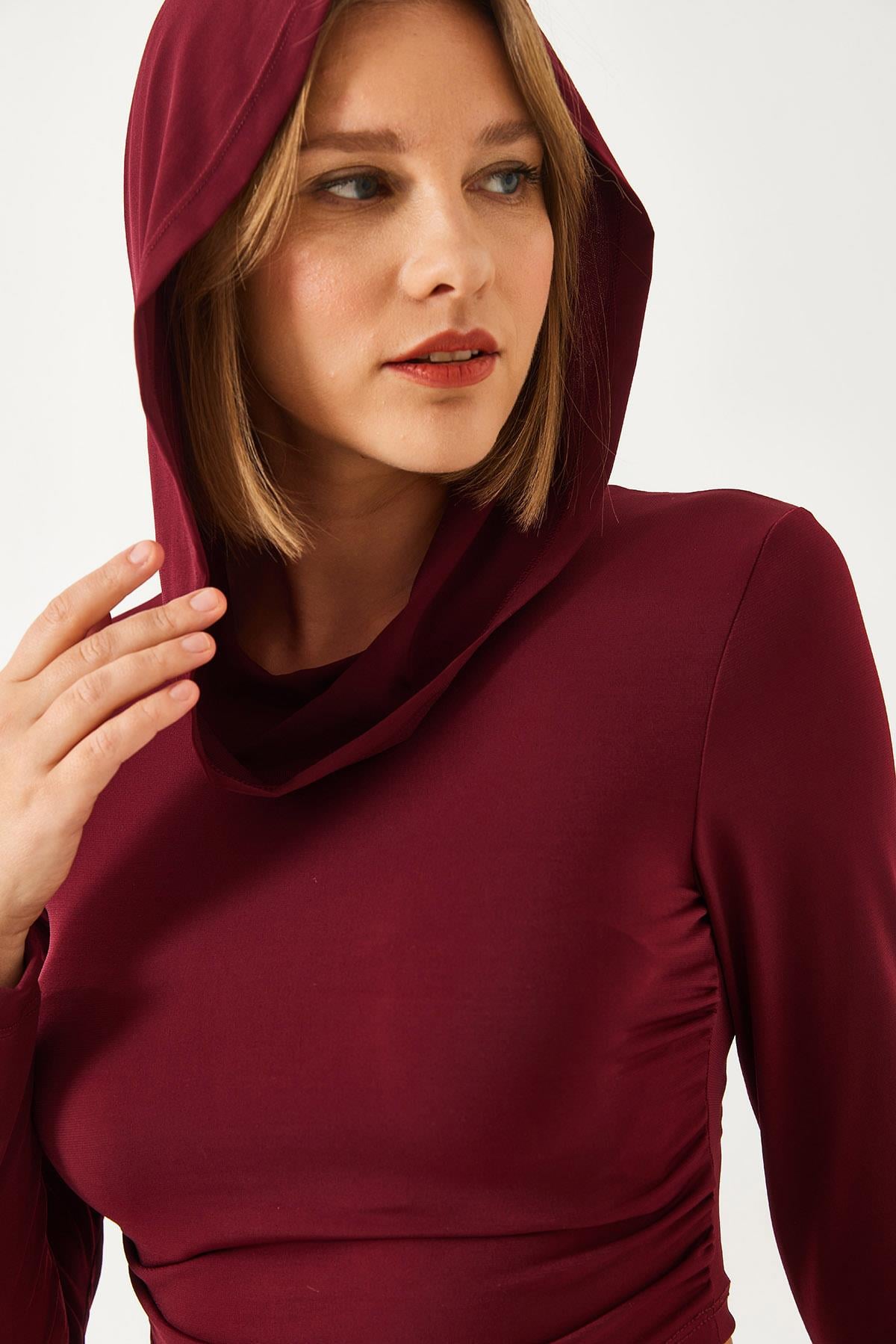 Kapişonlu Candy Kumaş Crop Bluz 60351281 - Bordo