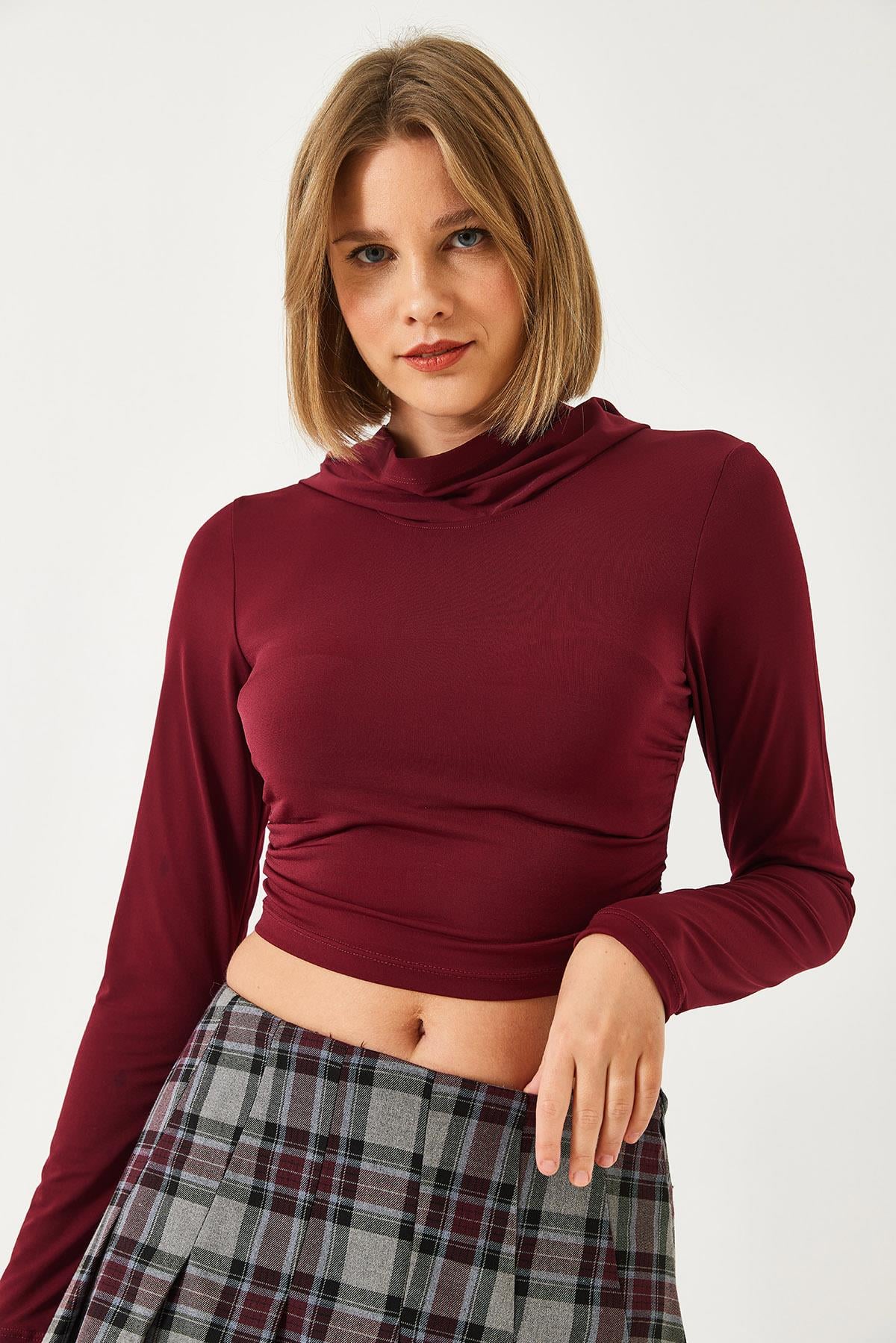 Kapişonlu Candy Kumaş Crop Bluz 60351281 - Bordo