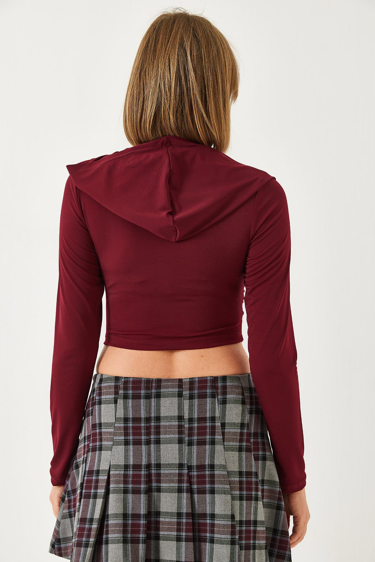 Kapişonlu Candy Kumaş Crop Bluz 60351281 - Bordo