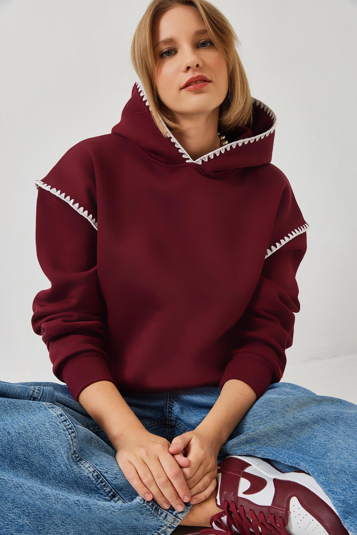 Kapişonlu Dantel Detaylı Sweatshirt 60601028 - Bordo