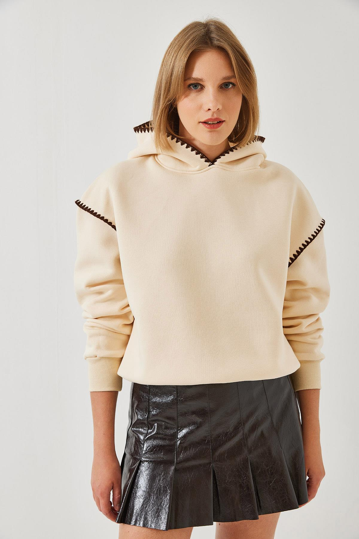 Kapişonlu Dantel Detaylı Sweatshirt 60601028 - Bej