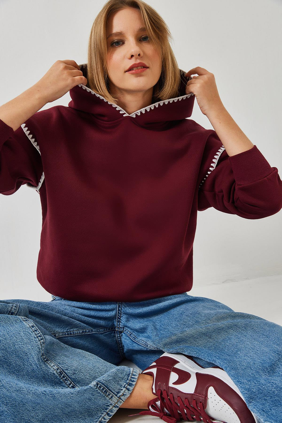 Kapişonlu Dantel Detaylı Sweatshirt 60601028 - Bordo