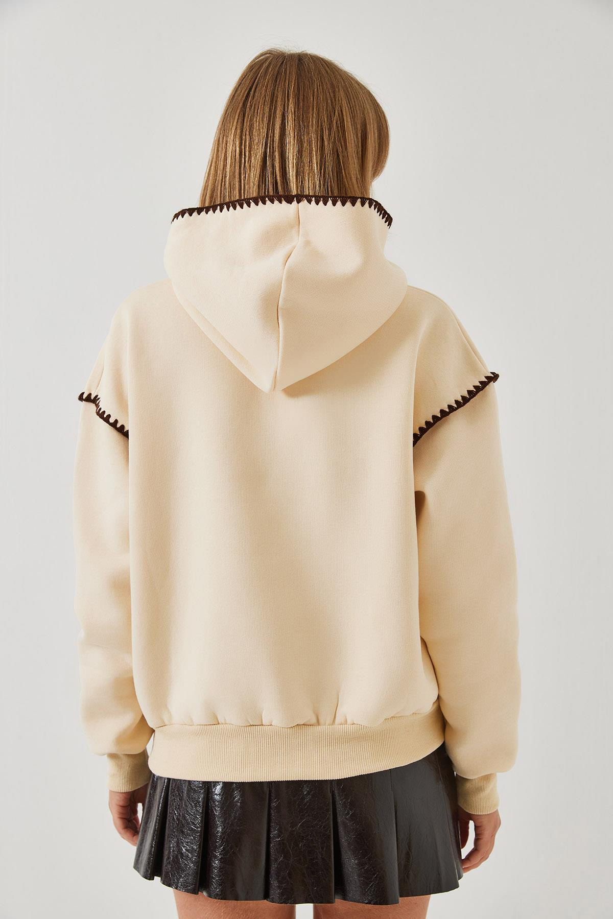 Kapişonlu Dantel Detaylı Sweatshirt 60601028 - Bej