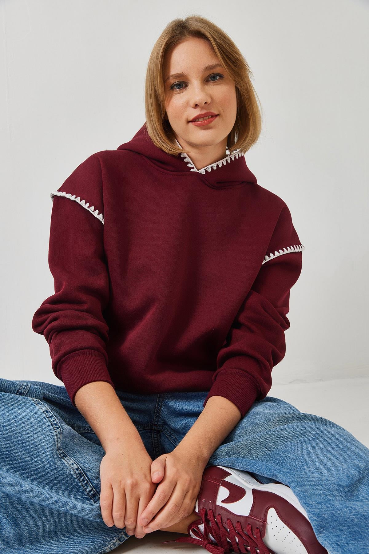 Kapişonlu Dantel Detaylı Sweatshirt 60601028 - Bordo
