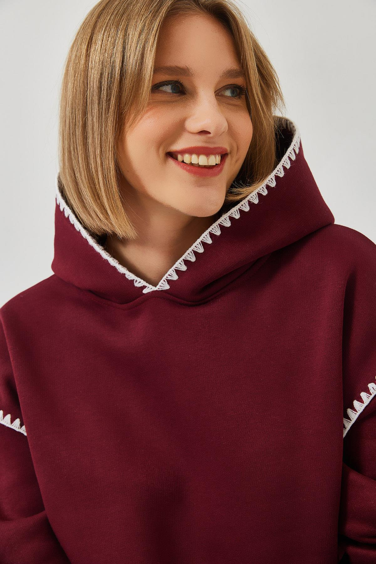 Kapişonlu Dantel Detaylı Sweatshirt 60601028 - Bordo