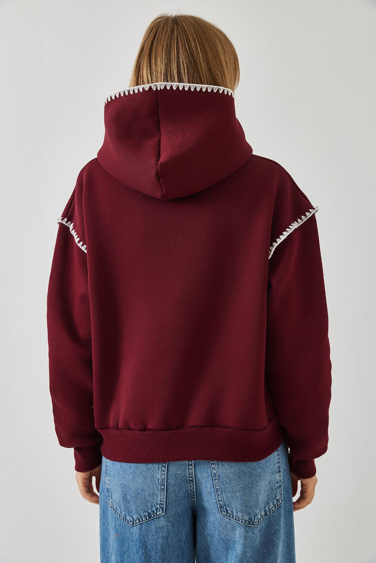 Kapişonlu Dantel Detaylı Sweatshirt 60601028 - Bordo