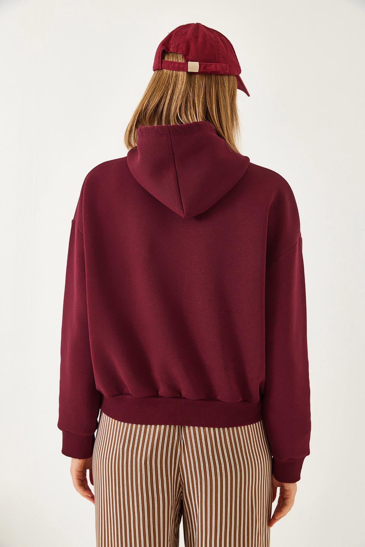 Kapişonlu Üç İplik Şardonlu Sweatshirt 60351294 - Bordo SWEATSHİRT modelleri