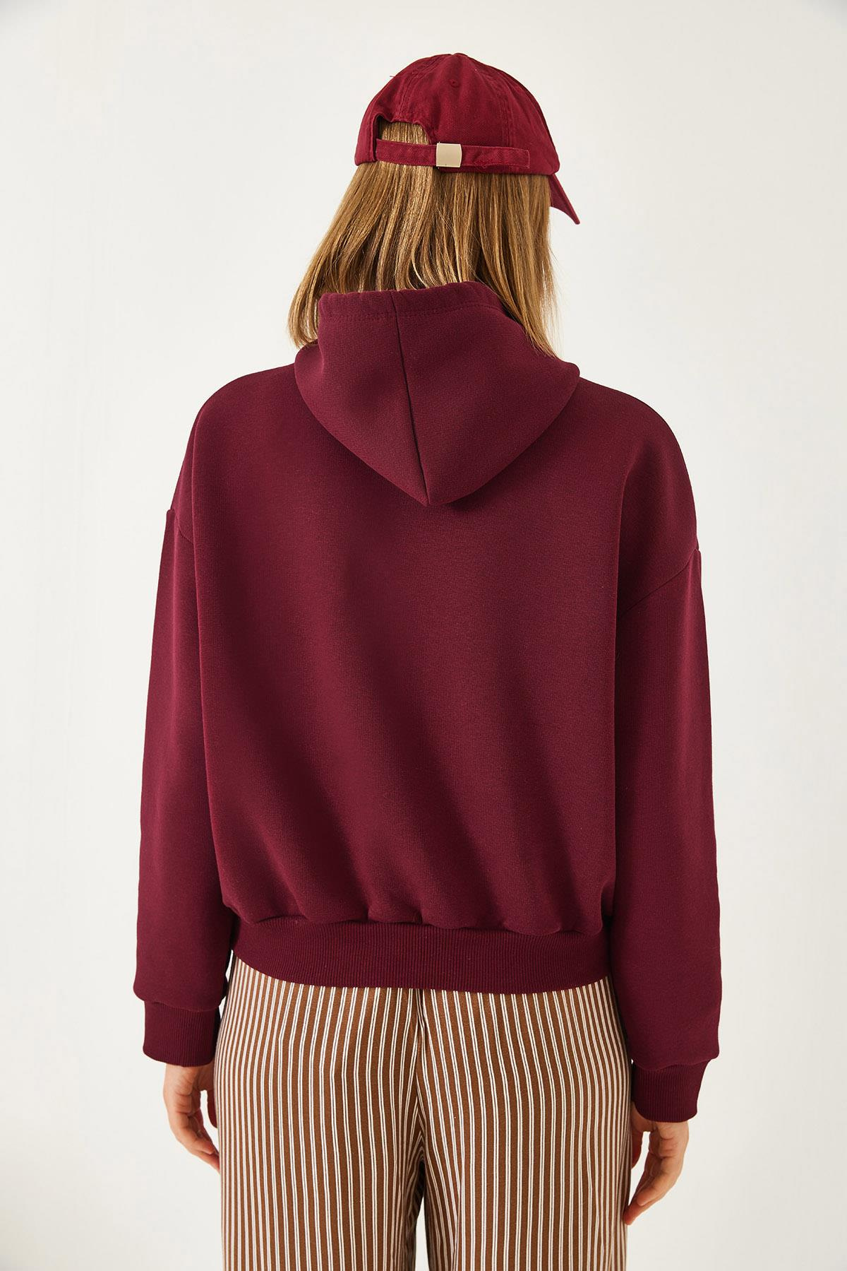 Kapişonlu Üç İplik Şardonlu Sweatshirt 60351294 - Bordo SWEATSHİRT modelleri