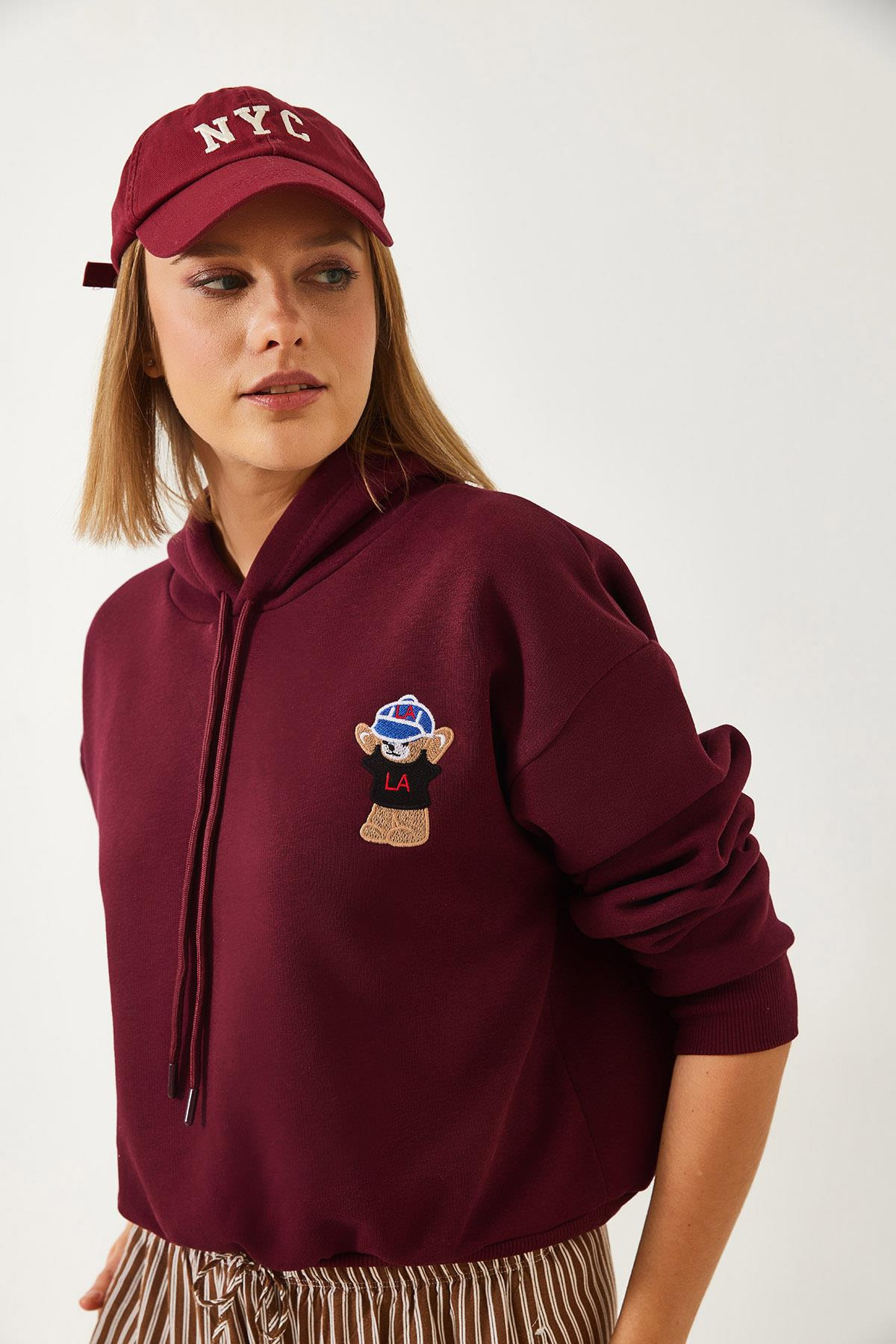 Kapişonlu Üç İplik Şardonlu Sweatshirt 60351294 - Bordo SWEATSHİRT modelleri