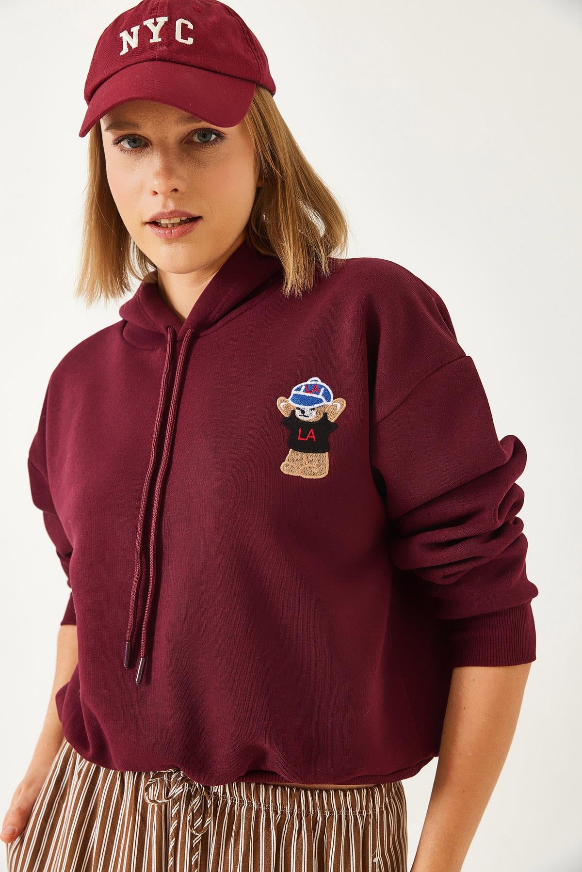 Kapişonlu Üç İplik Şardonlu Sweatshirt 60351294 - Bordo SWEATSHİRT modelleri